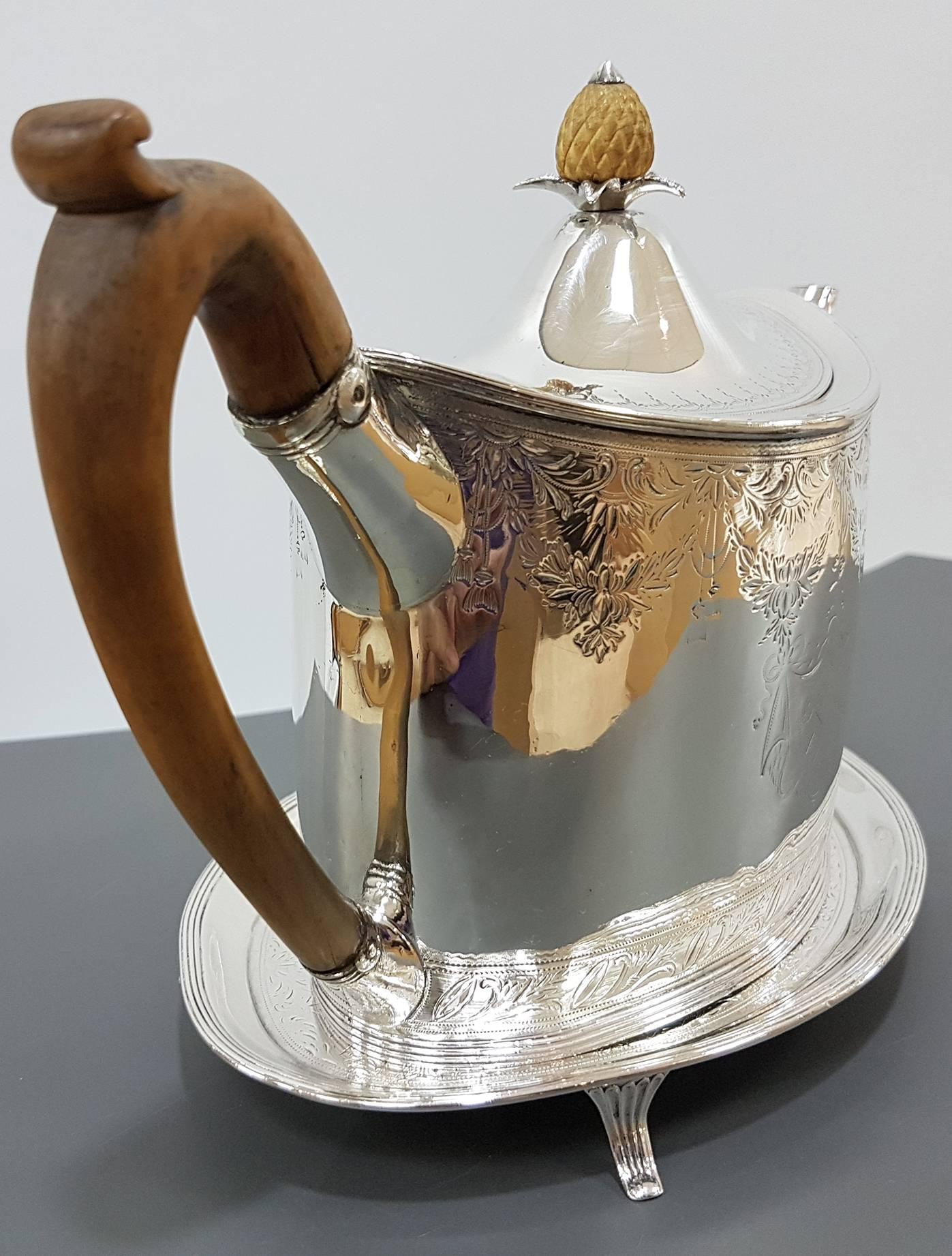 18th Century Sterling Silver Oval Engraved Teapot on Stand by Peter Ann Bateman 7