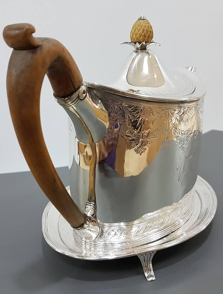 18th Century Sterling Silver Oval Engraved Teapot on Stand by Peter Ann