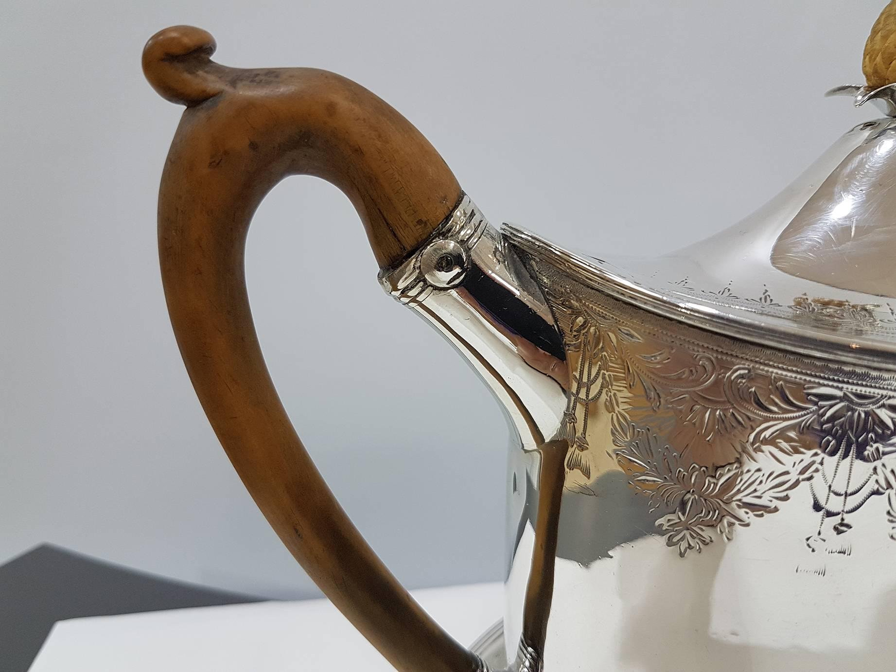 George III 18th Century Sterling Silver Oval Engraved Teapot on Stand by Peter Ann Bateman