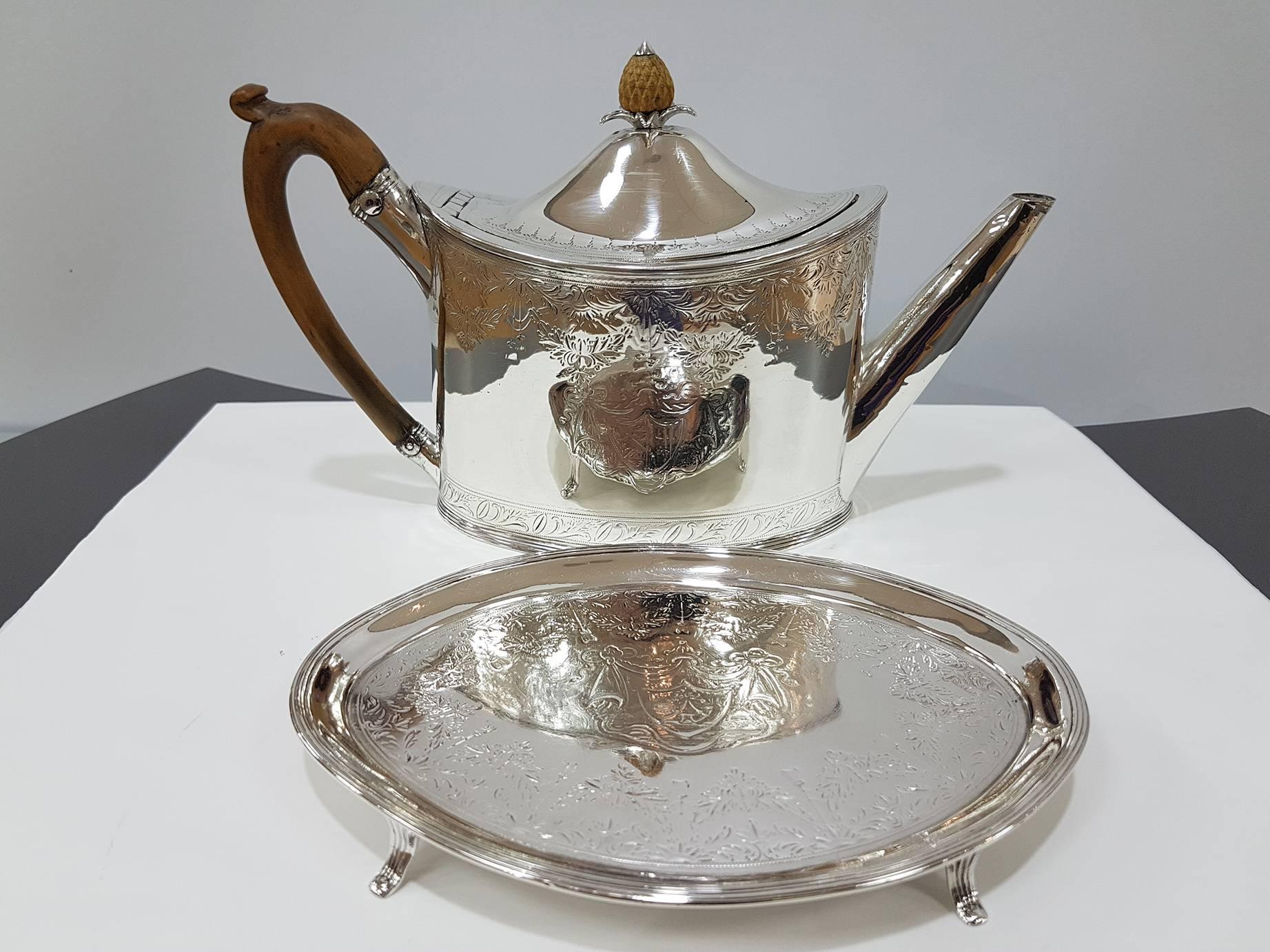 Late 18th Century 18th Century Sterling Silver Oval Engraved Teapot on Stand by Peter Ann Bateman