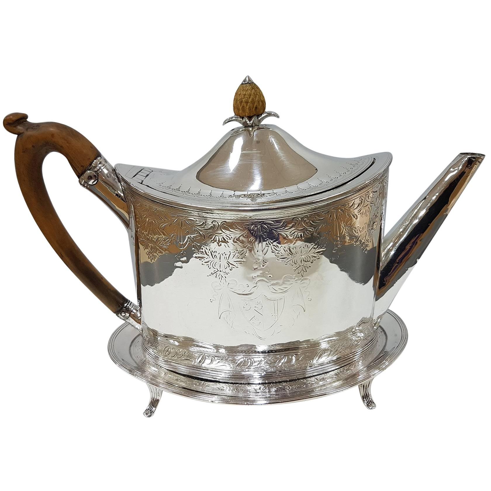 18th Century Sterling Silver Oval Engraved Teapot on Stand by Peter Ann Bateman