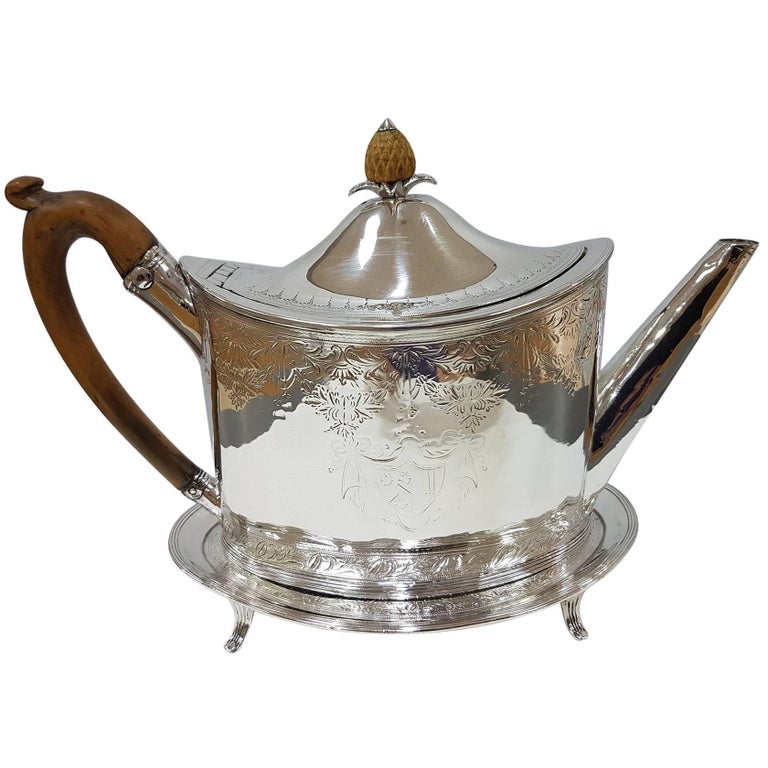 18th Century Sterling Silver Oval Engraved Teapot on Stand by Peter Ann
