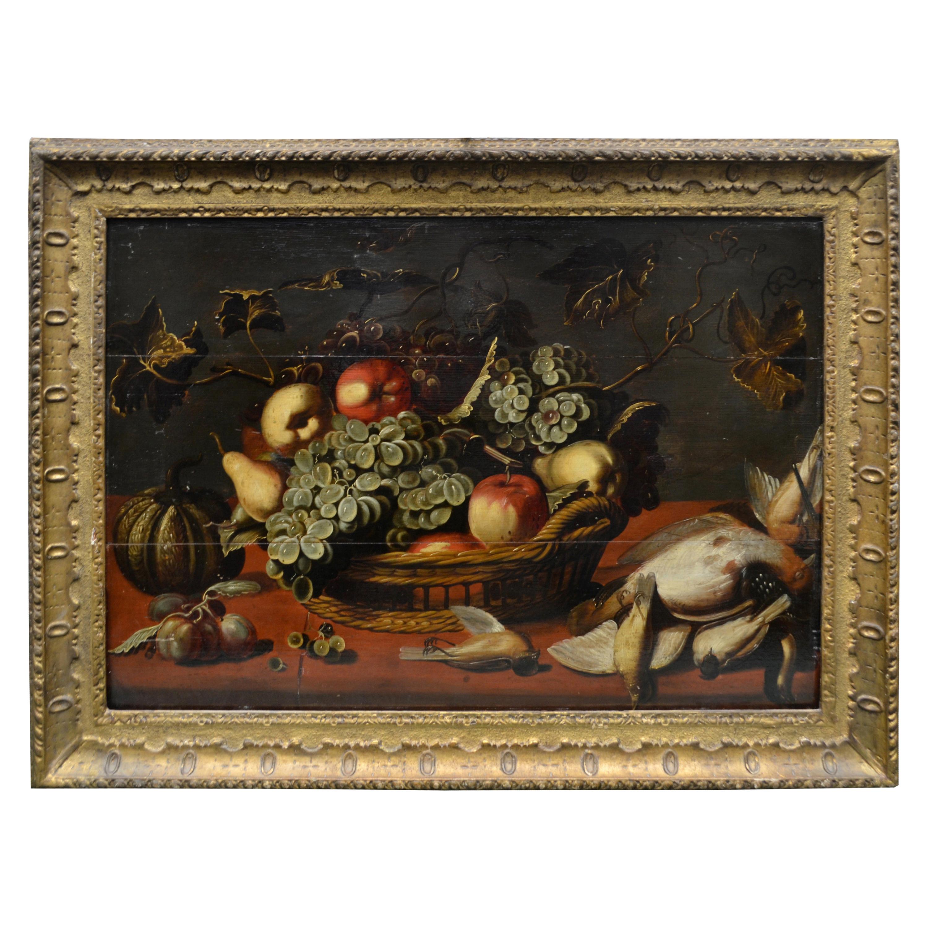 18th Century Dutch or Flemish Still Life of Fowl and Fruit on Panel