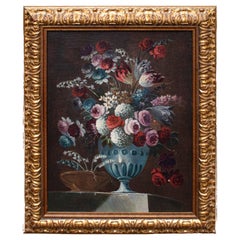 18th Century Still Life with Flowers Painting Oil on Canvas by Francesco Lavagna