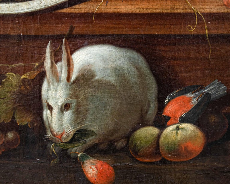 Italian 18th Century Still Life with Fruit and Rabbit Painting Oil on Canvas For Sale