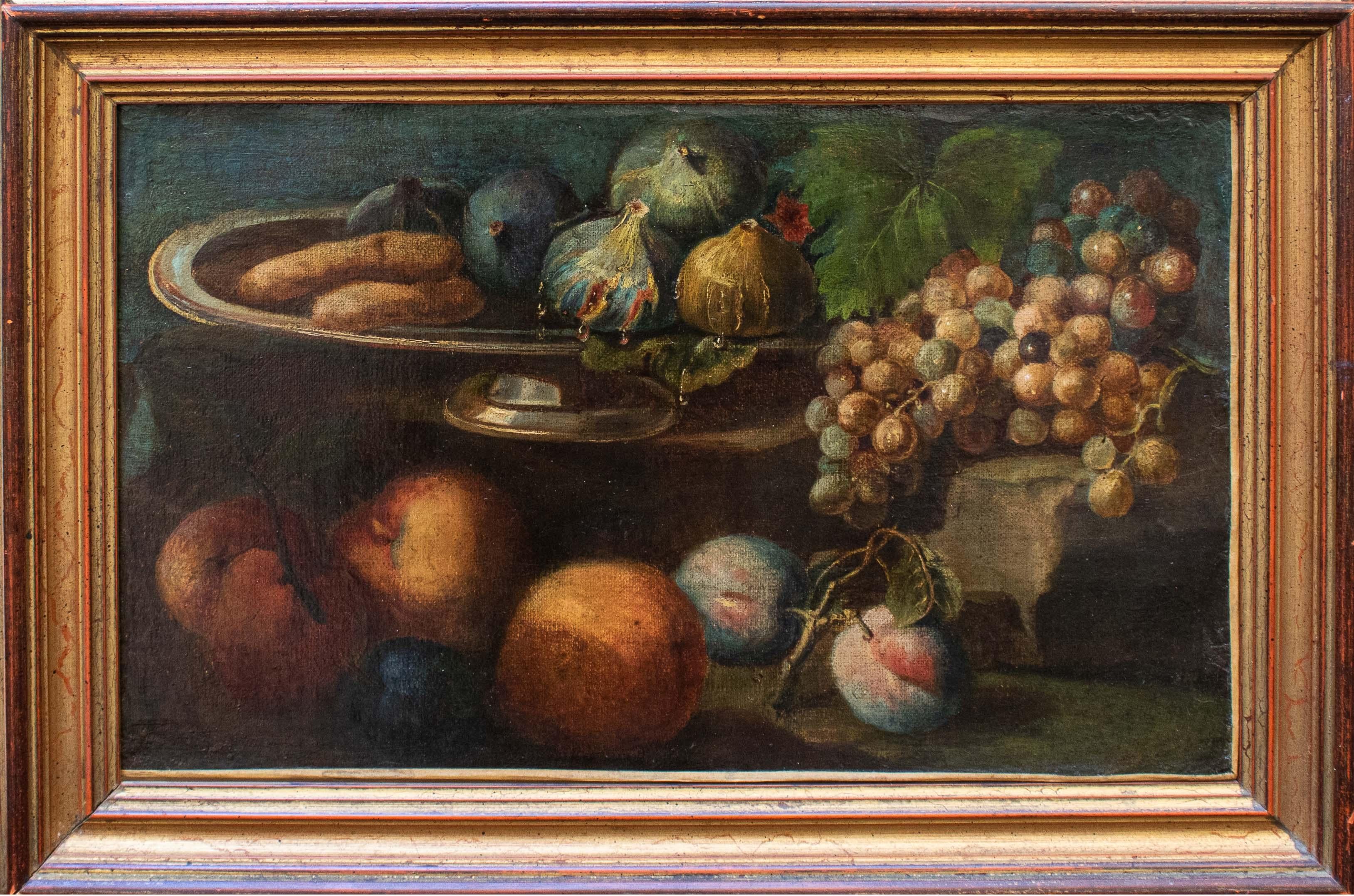 Emilian school, 18th century
Still life with fruit and biscuits
Oil on canvas, 32 x 52.5 cm - with frame 44.5 x 64 x 5.5 cm

Composite still life enlivened by a colorful arrangement of fruits. The compositional plans are also highlighted by the