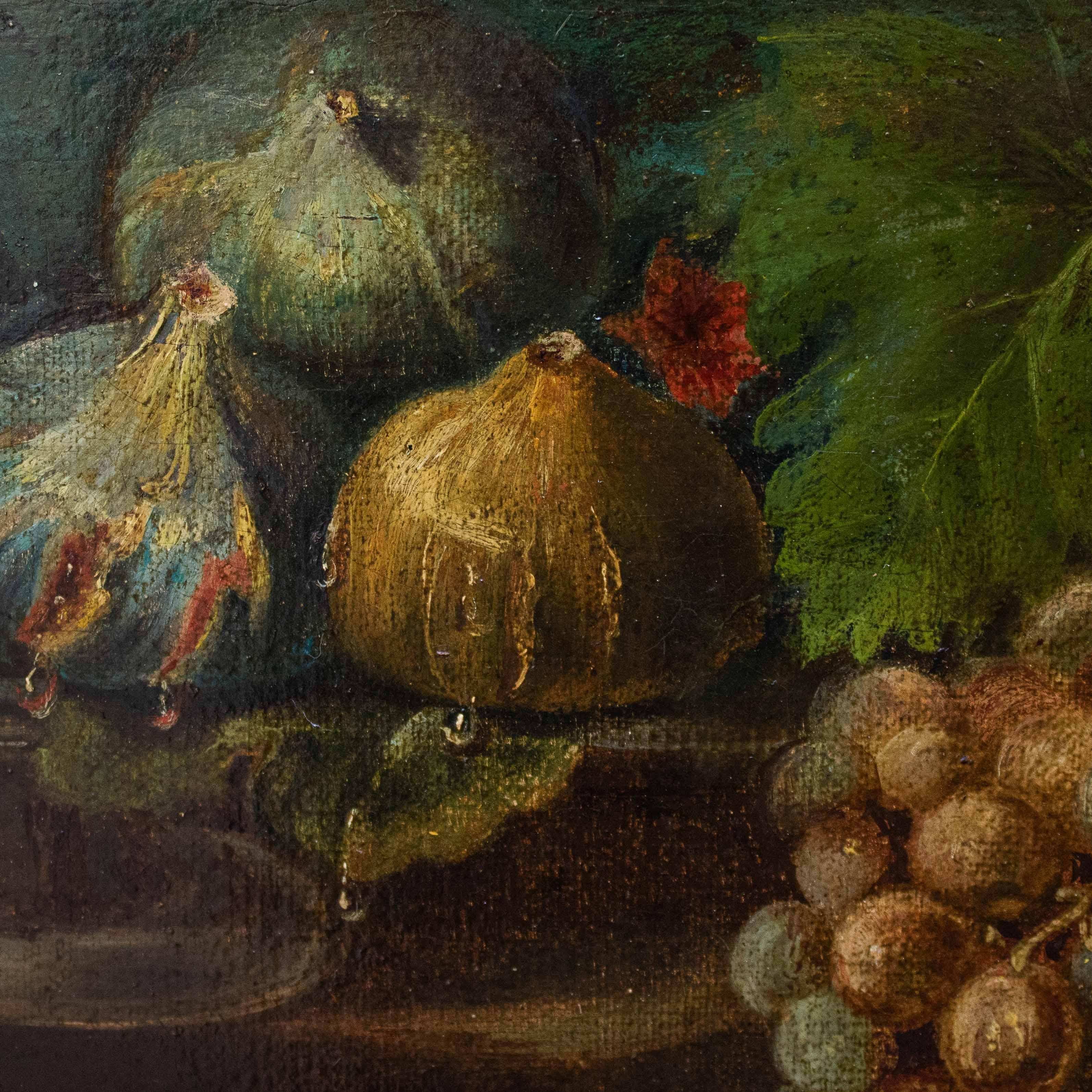 Oiled 18th Century Still Life with Fruits and Bisquits Painting Oil on Canvas For Sale
