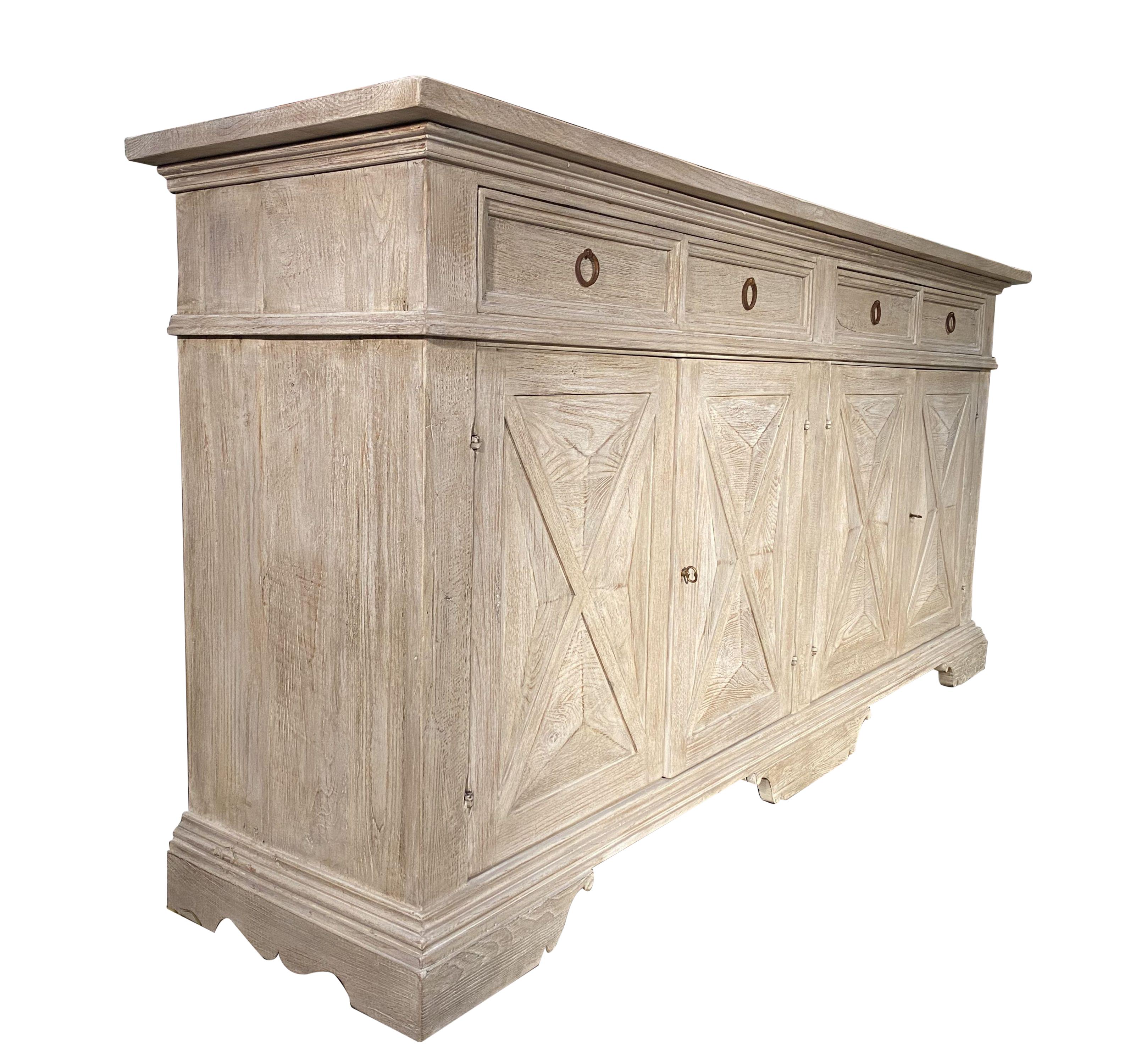 TUSCAN ALPI 4-Door + 2-Drawer Credenza in solid Old Chestnut with Dolomiti finish, includes 2 adjustable, finished interior shelves, locks & keys, with hardware options. Our exclusive custom handcrafted Mediterranean style credenza line featuring