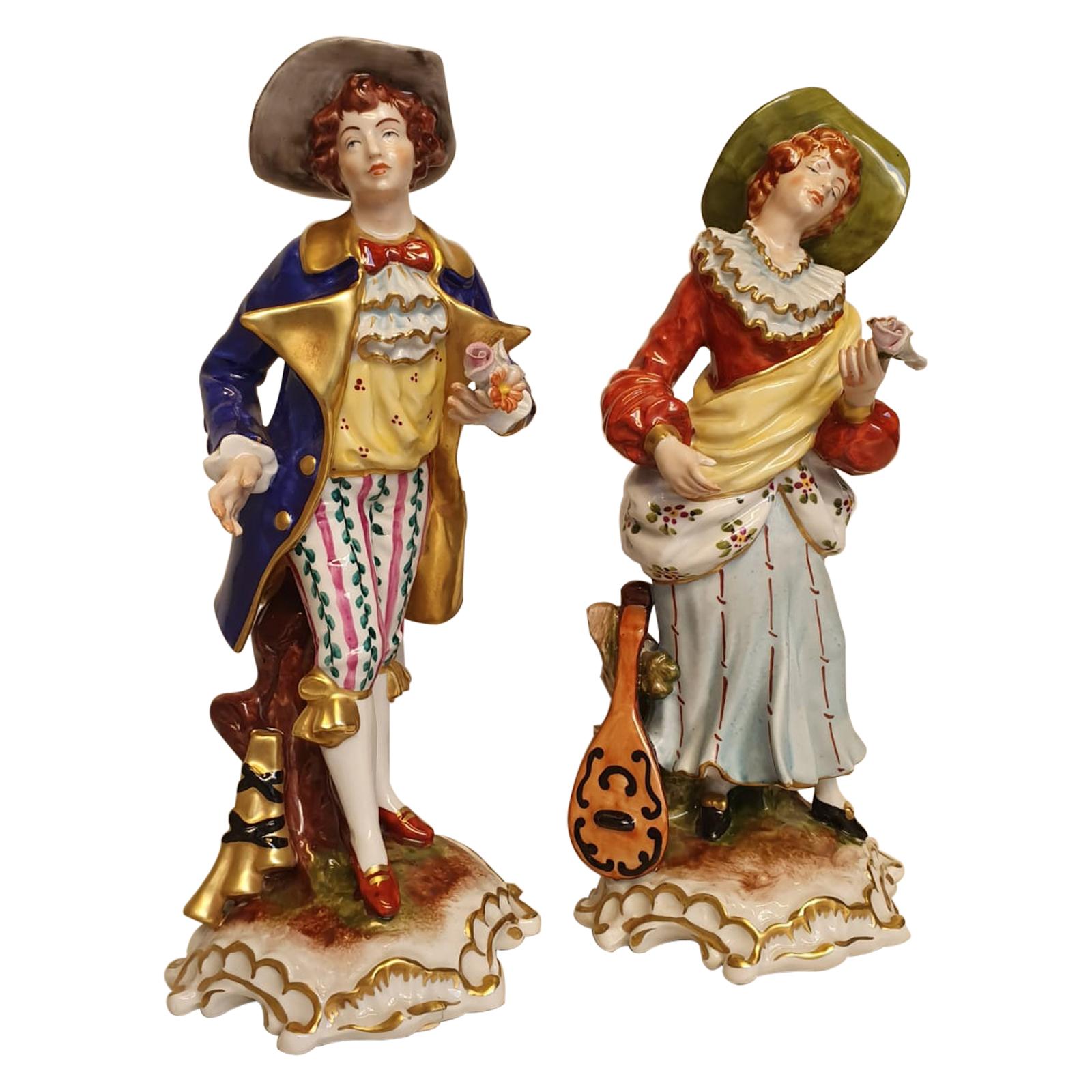18th Century Style Capo Di Monte Porcelain Figure "Woman with Mandolino and Man" For Sale
