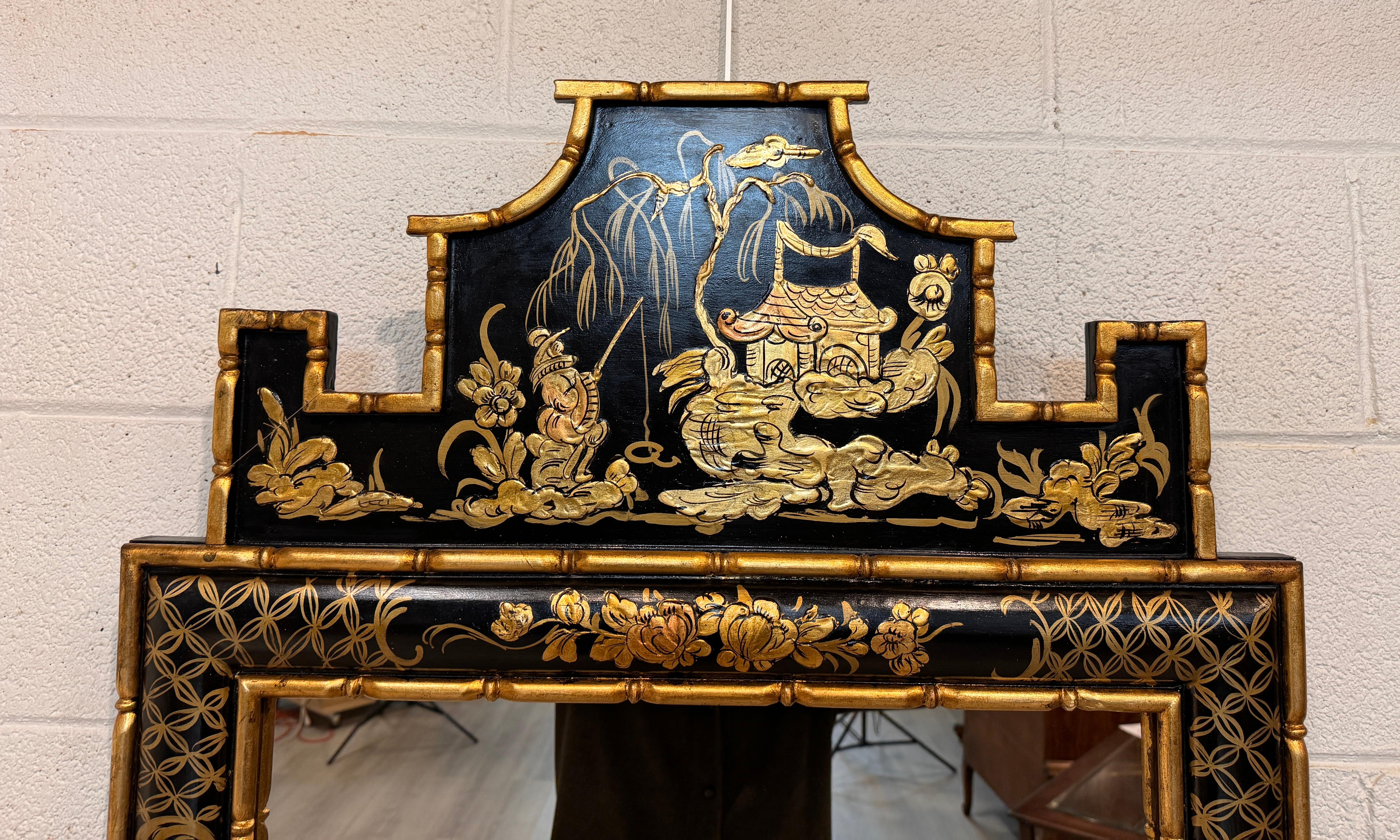 American 18th Century Style Chinoiserie Black Lacquer Mirror Frame with Gold Accents For Sale