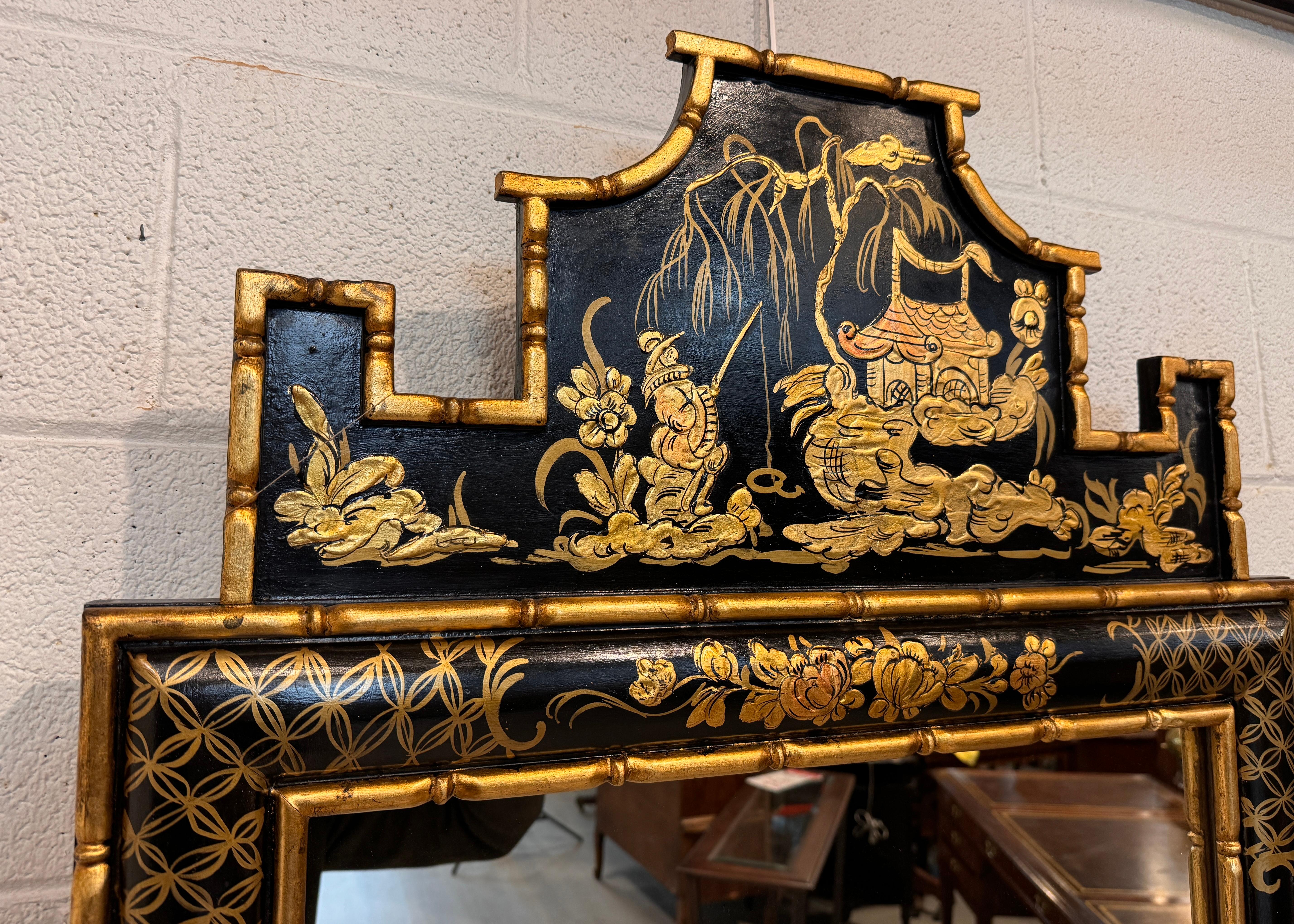 Lacquered 18th Century Style Chinoiserie Black Lacquer Mirror Frame with Gold Accents For Sale