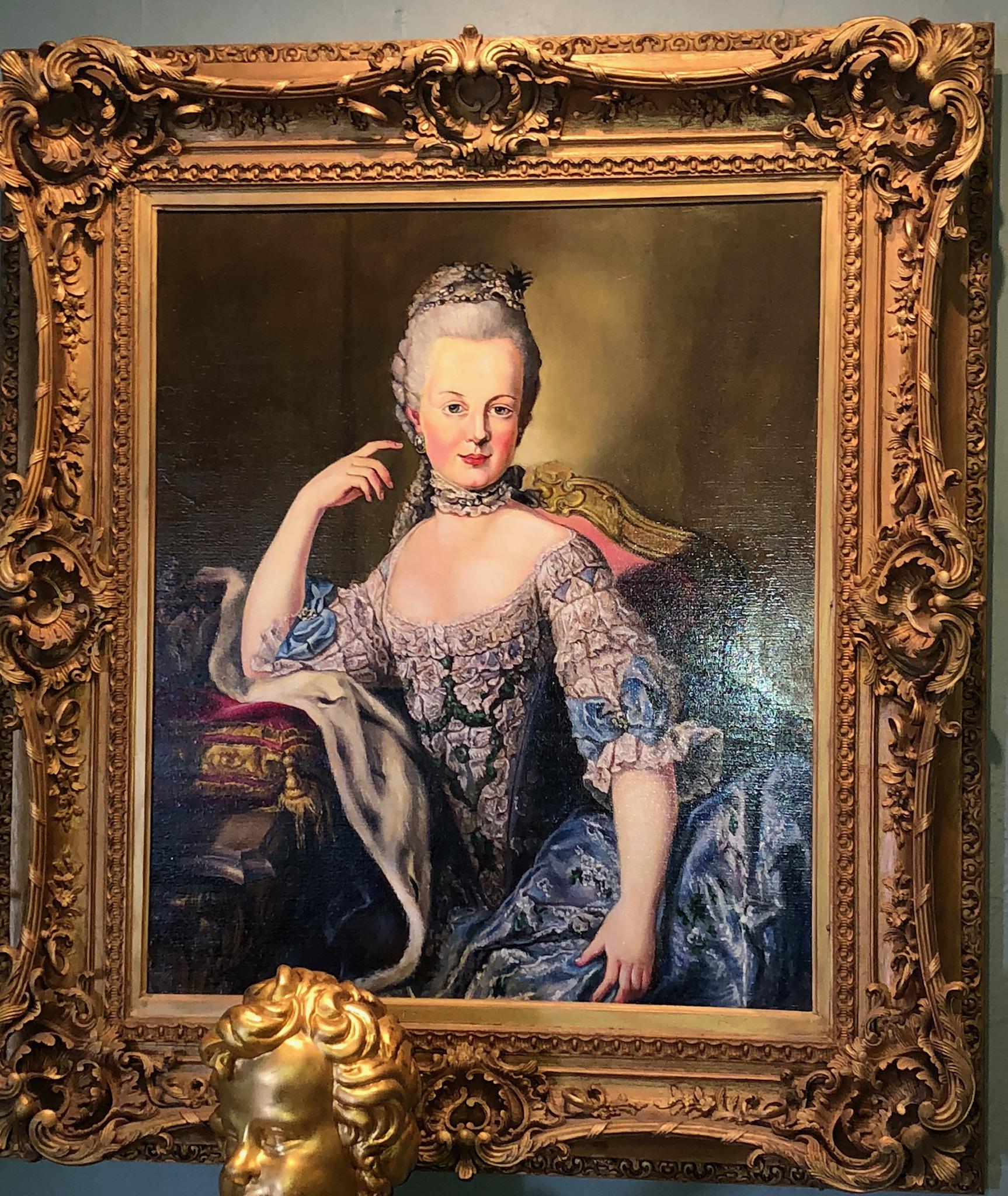In 1770, the Austrian Court painter of the Empress Marie-Therese, M. Van Meyten created this portrait of Maria Antonia Josepha Johanna at age 14, to be sent to the King of France, Louis XV (and perhaps a little for the Dauphin/Crown Prince). She