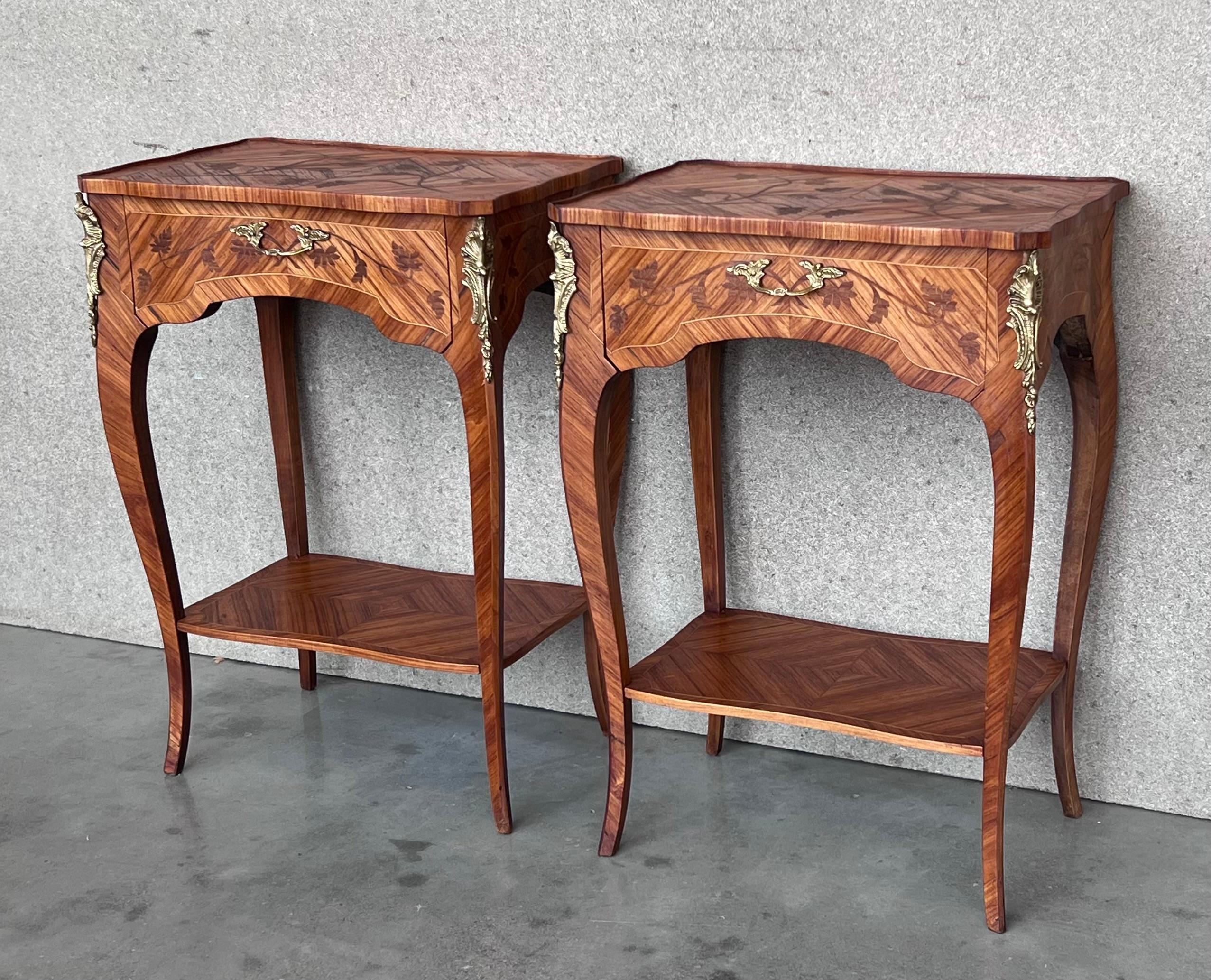 20th Century 18th Century Style French Louis XV Marquetry Side Table or Nightstands, a Pair For Sale