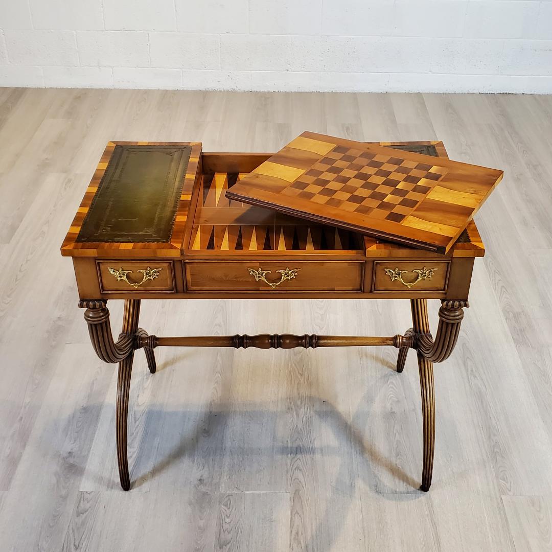 Regency 18th Century Style Games Table in Yew with Chess Board, Backgammon, Leather Top  For Sale