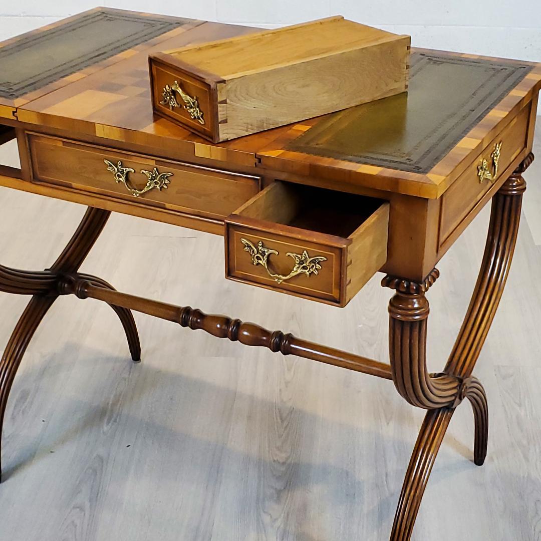English 18th Century Style Games Table in Yew with Chess Board, Backgammon, Leather Top  For Sale