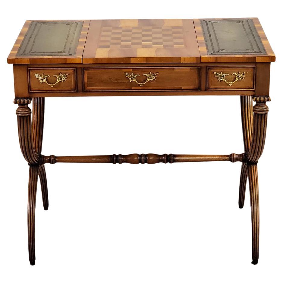 18th Century Style Games Table in Yew with Chess Board, Backgammon, Leather Top 