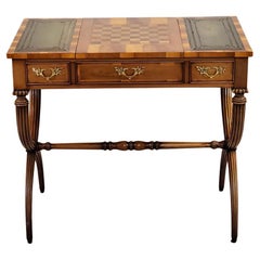 18th Century Style Games Table in Yew with Chess Board, Backgammon, Leather Top 