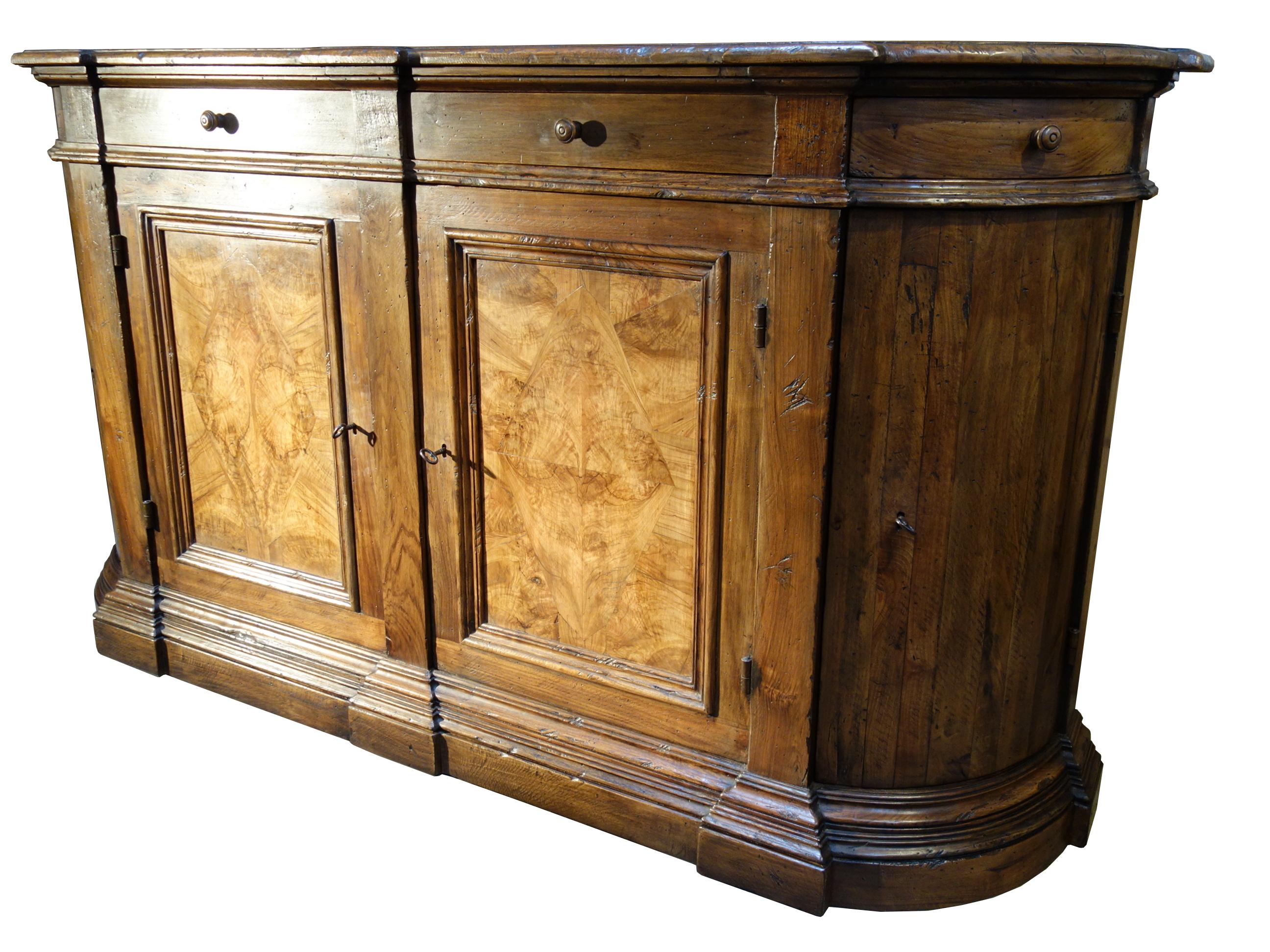 Forged 18th C Style Italian BOMBATA RADICA Handcrafted Italian Walnut Credenza In Stock For Sale