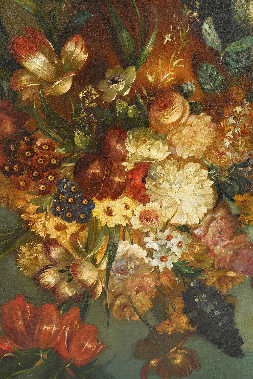 A very impressive 19th century oil on canvas still life painting of exotic flowers in a vase, in the 18th century style. Mounted in a gilded molded frame.