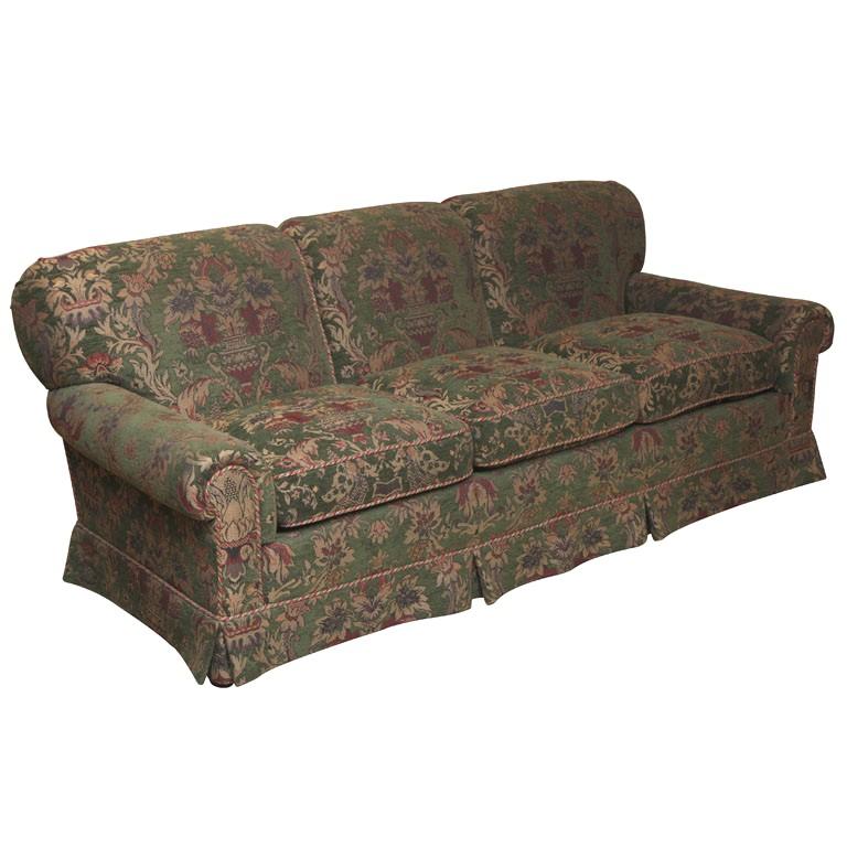 Inviting and extremely comfortable! This NEW Wood & Hogan deep seated overstuff 18th century style sofa with rolled arms and luxurious down filled seat cushions is one of the many fine sofas we offers. Covered in an attactive Kravet damask fabric