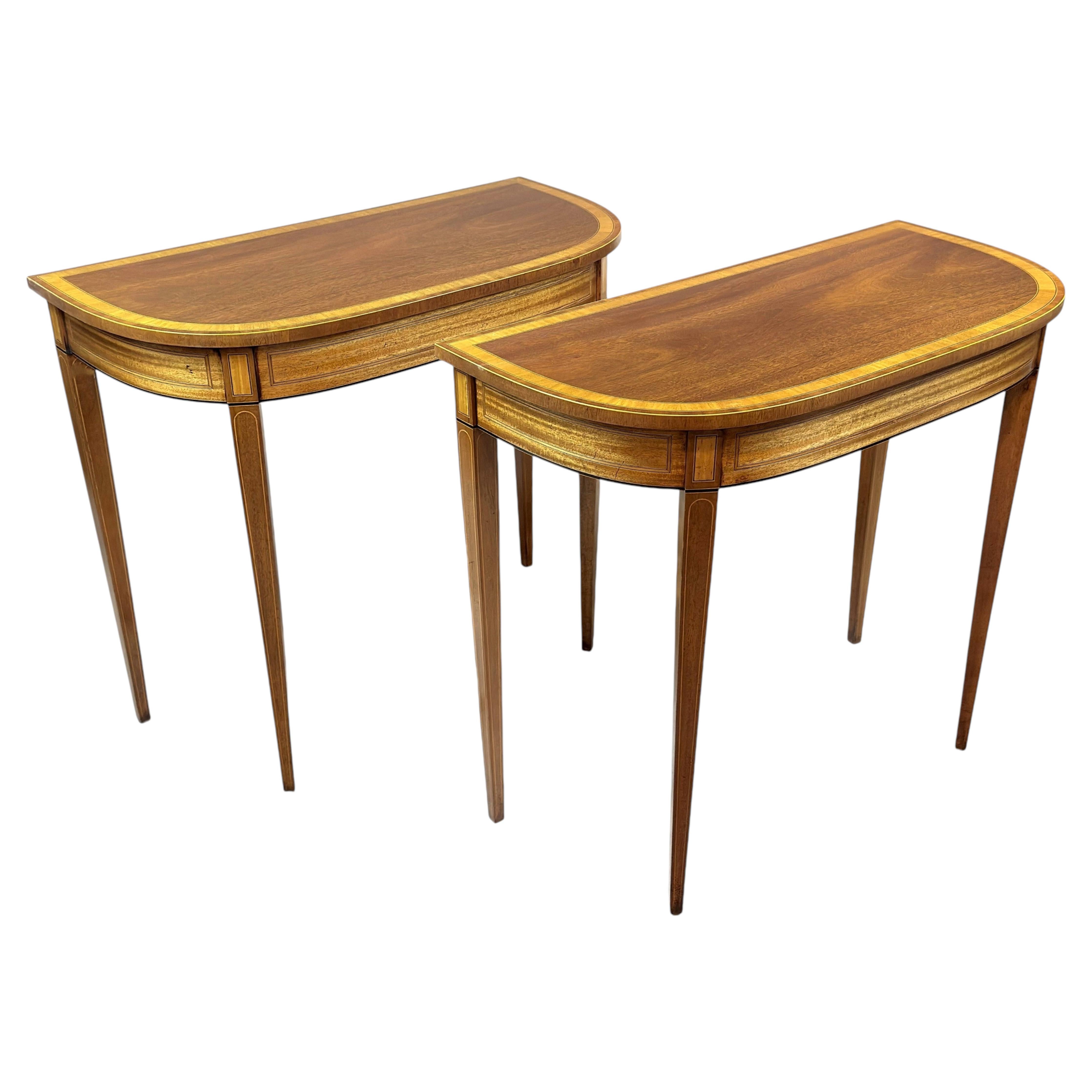 18th Century Style Pair of Demi Lune Console Tables, Banded and Inlaid For Sale