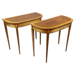 18th Century Style Pair of Demi Lune Console Tables, Banded and Inlaid