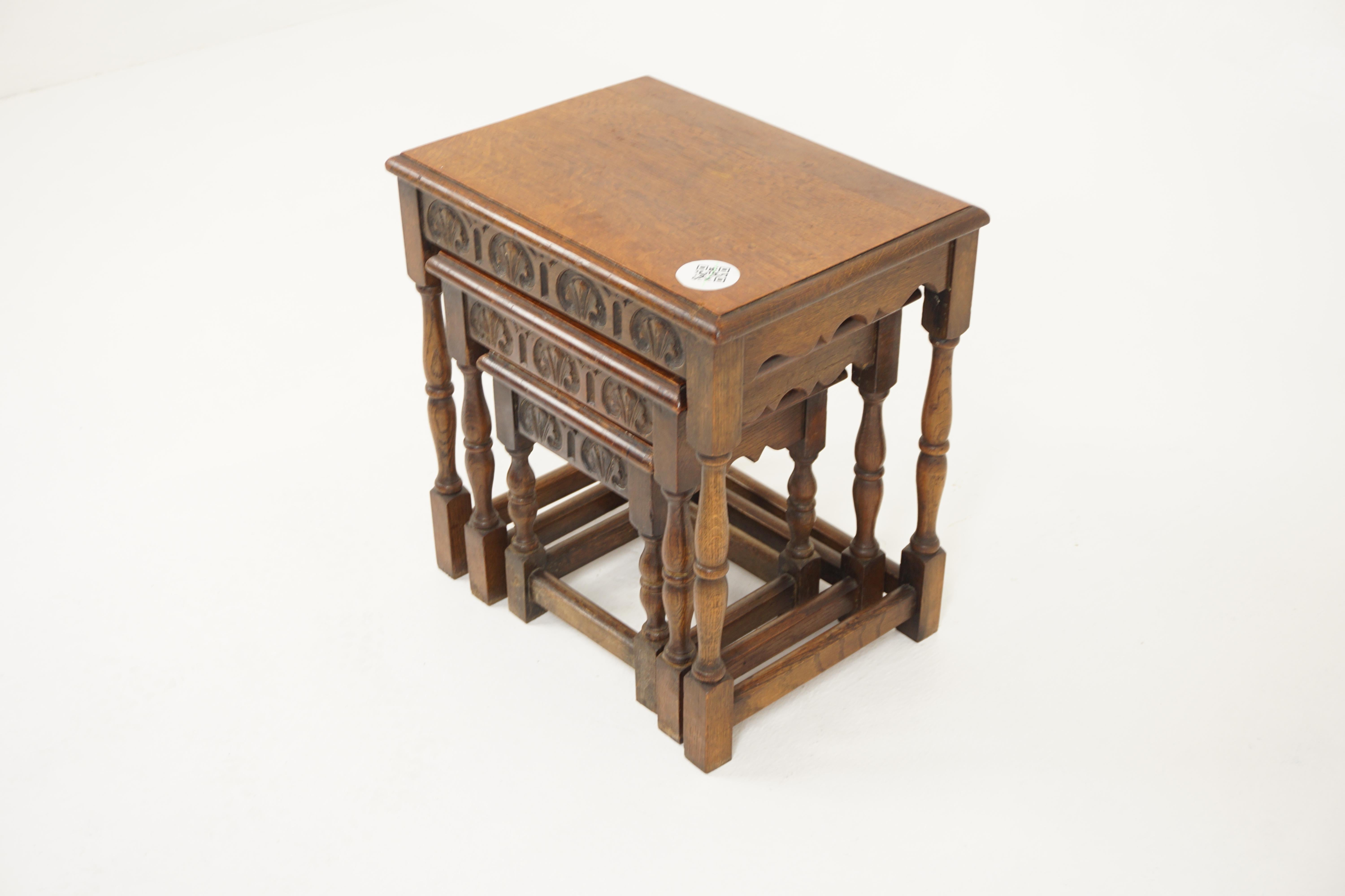 18th Century Style Set of 3 Oak nesting tables, Scotland 1930, H848

Scotland 1930
Solid Oak
Original Finish
Moulded top and sides
Carved frieze to all 3 tables
Standing on turned legs
Connected by oak stretchers
Please note middle table