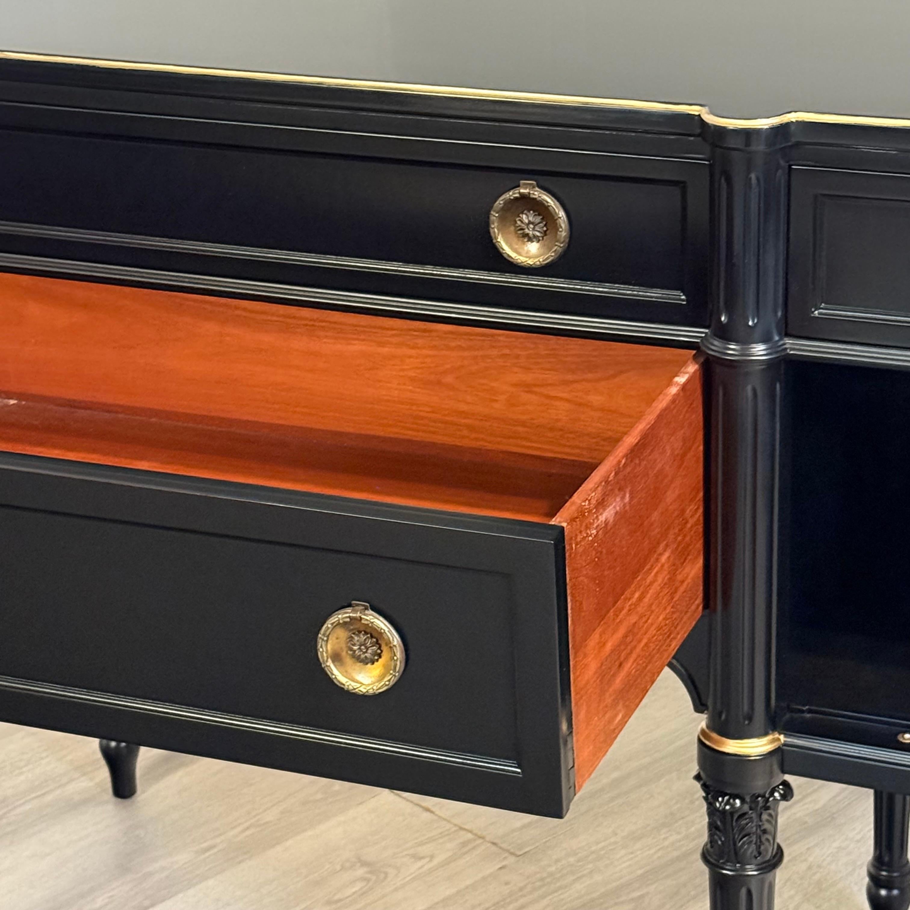 Hardwood 18th Century Style Sideboard Finished in Black Lacquer with Gold Accents For Sale