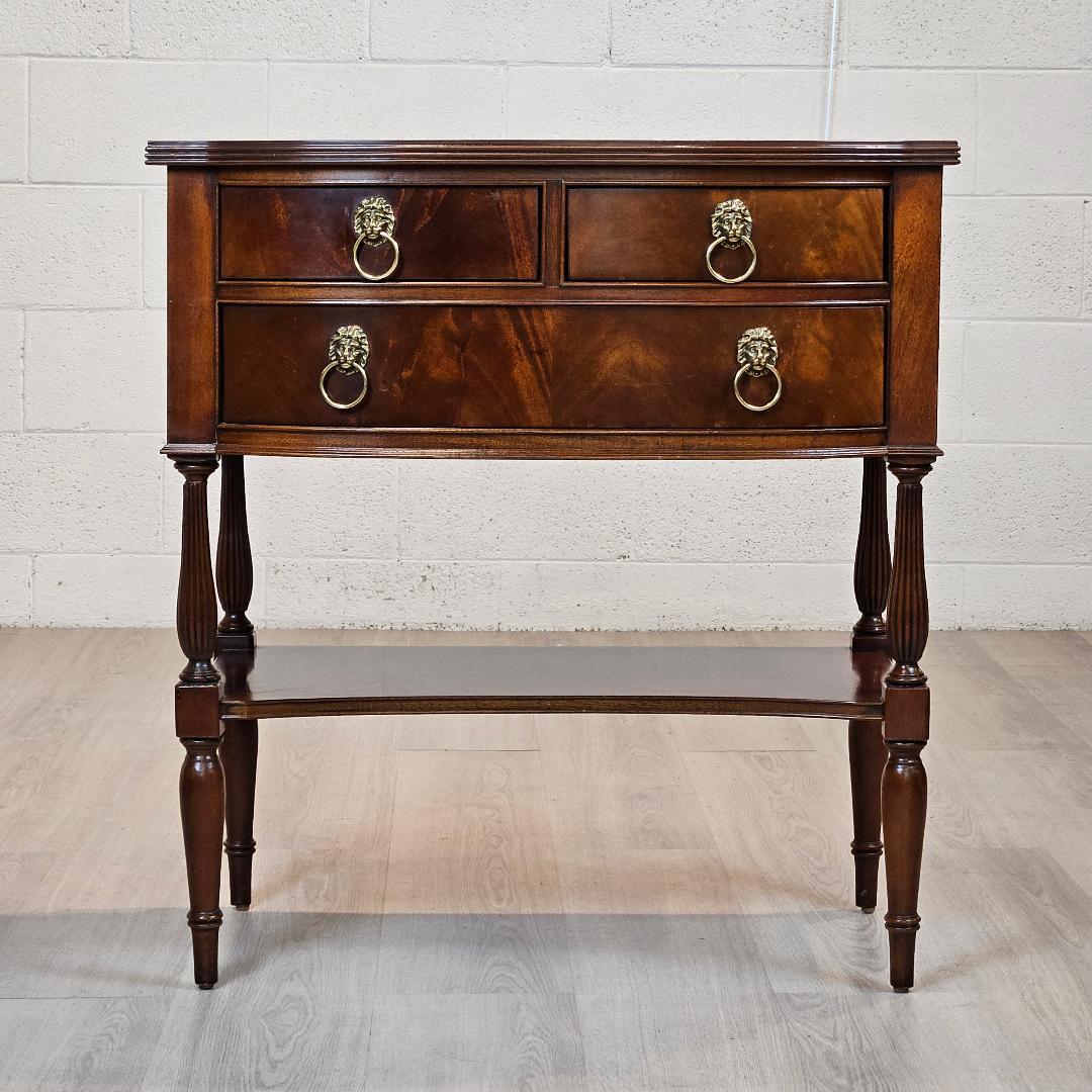 18th Century Style Vintage Nightstands with Three Drawers, by Hickory Chair
We have to offer here a classic pair of nightstands crafted in Mahogany by the renown Hickory Chair Furniture company. 
Transform your bedroom into a sanctuary of
