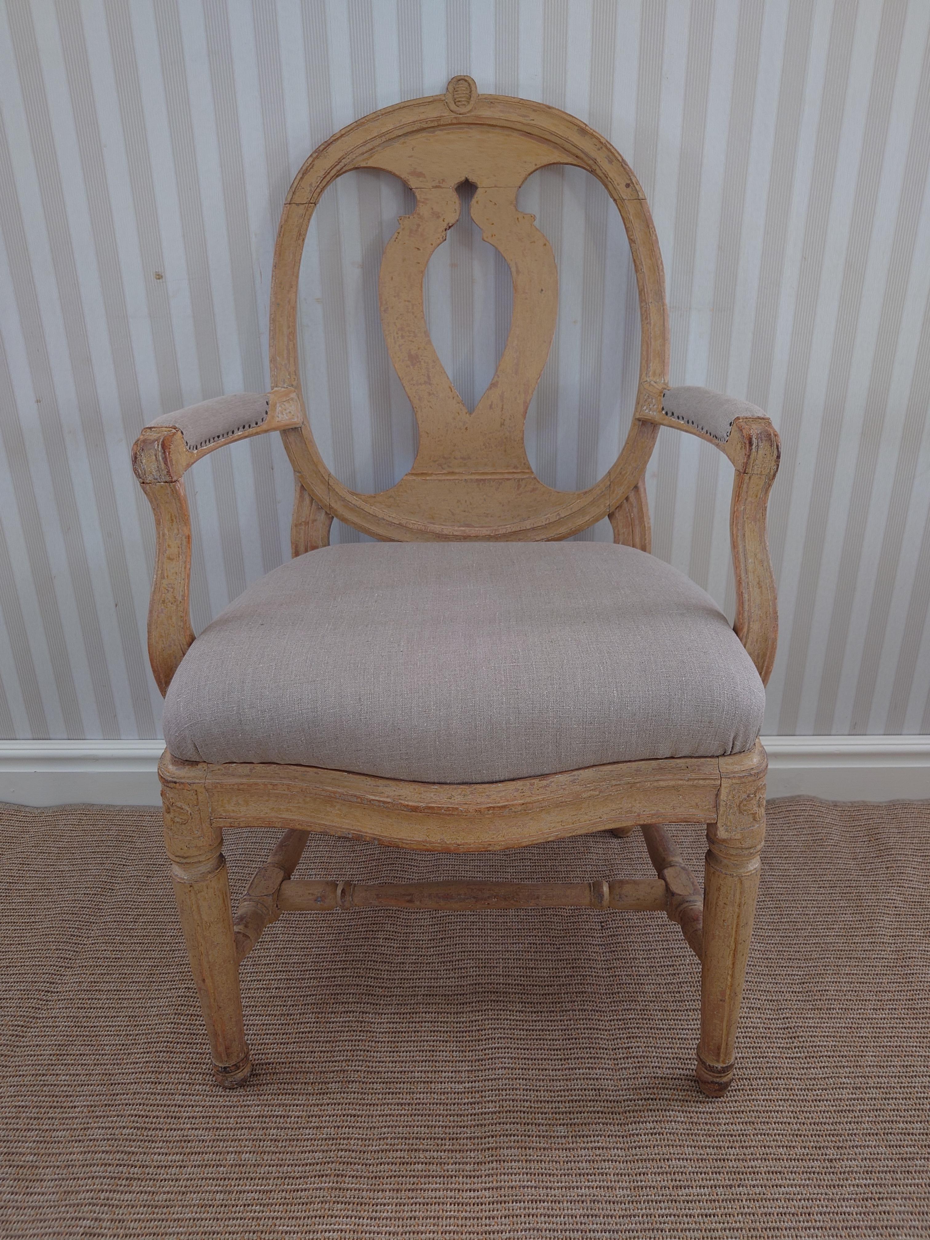 Hand-Carved 18th Century Swedish antique genuine Gustavian armchair with original paint. For Sale