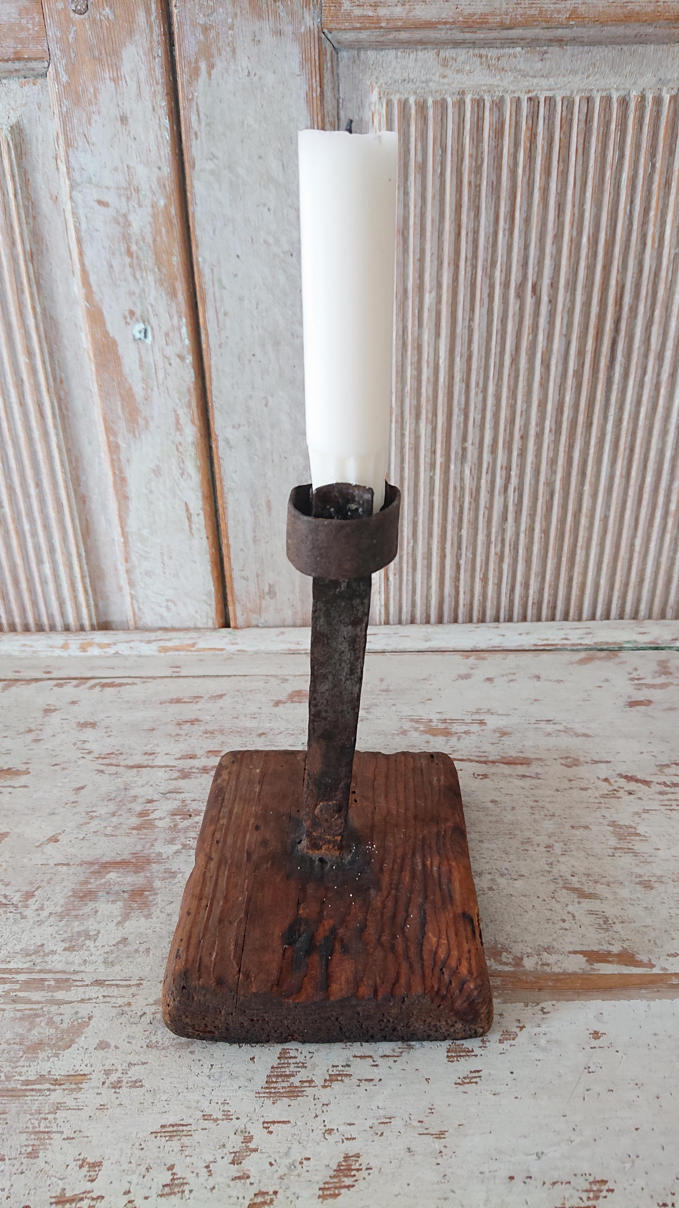 Folk Art 18th Century Swedish Antique Iron Stick with Base of Wood For Sale