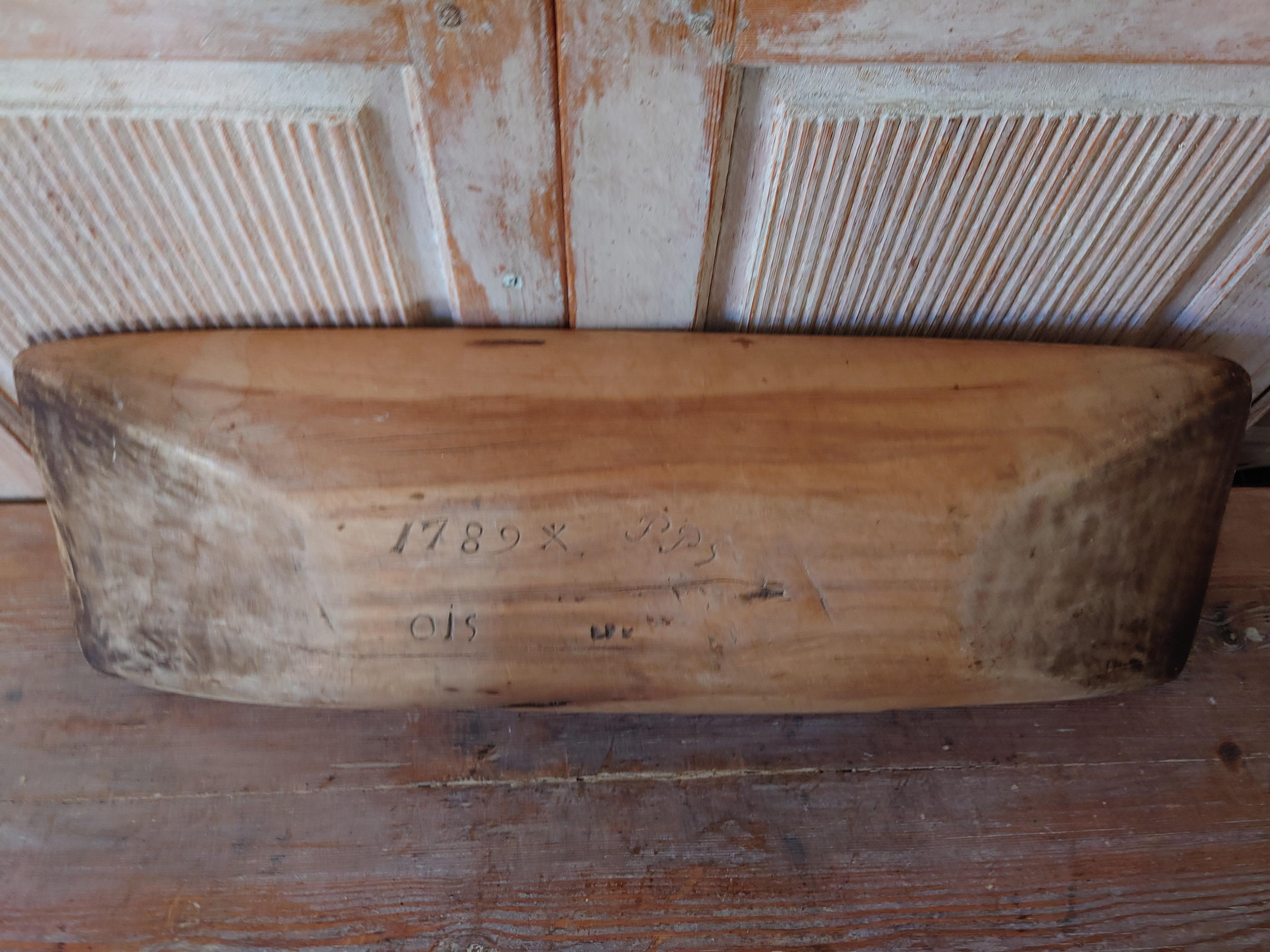 18th Century Swedish Antique Wood Trough /Serving bowl dated 1789 sign PPS OIS  For Sale 2