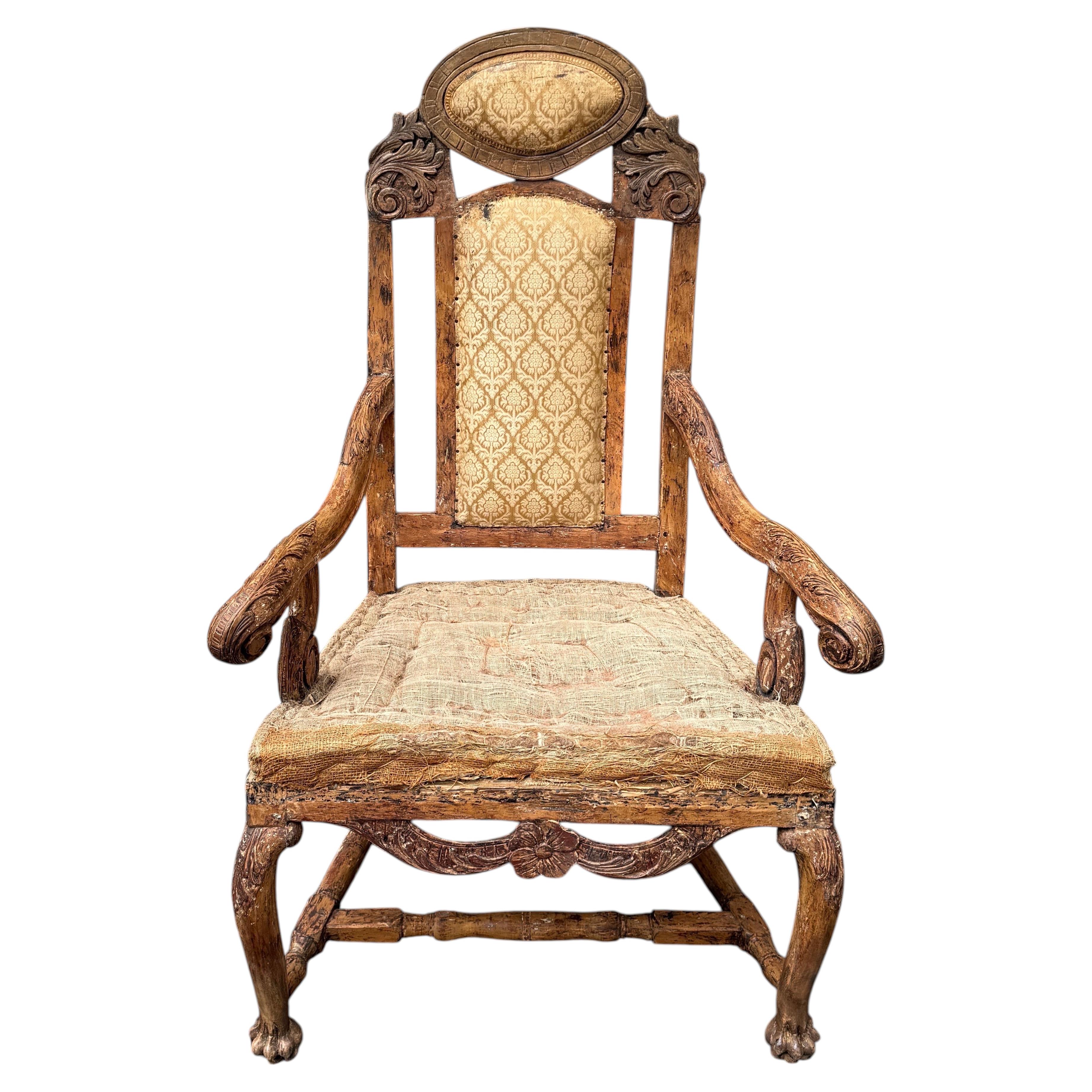 18th Century Swedish Baroque Armchair, Solid Oak, Hand-Carved