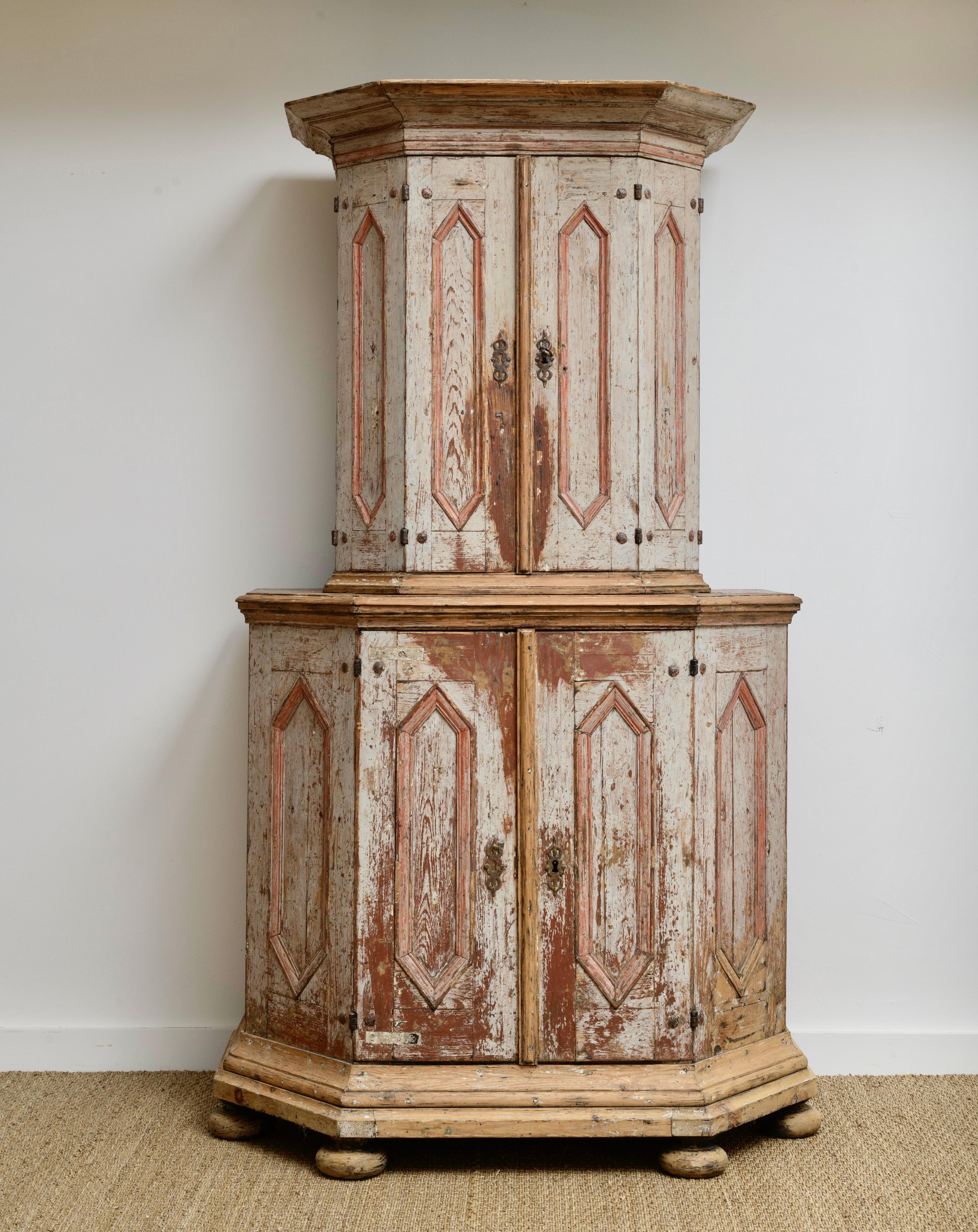 18th Century and Earlier 18th Century Swedish Baroque Cabinet on Cabinet.  Original Paint.   For Sale