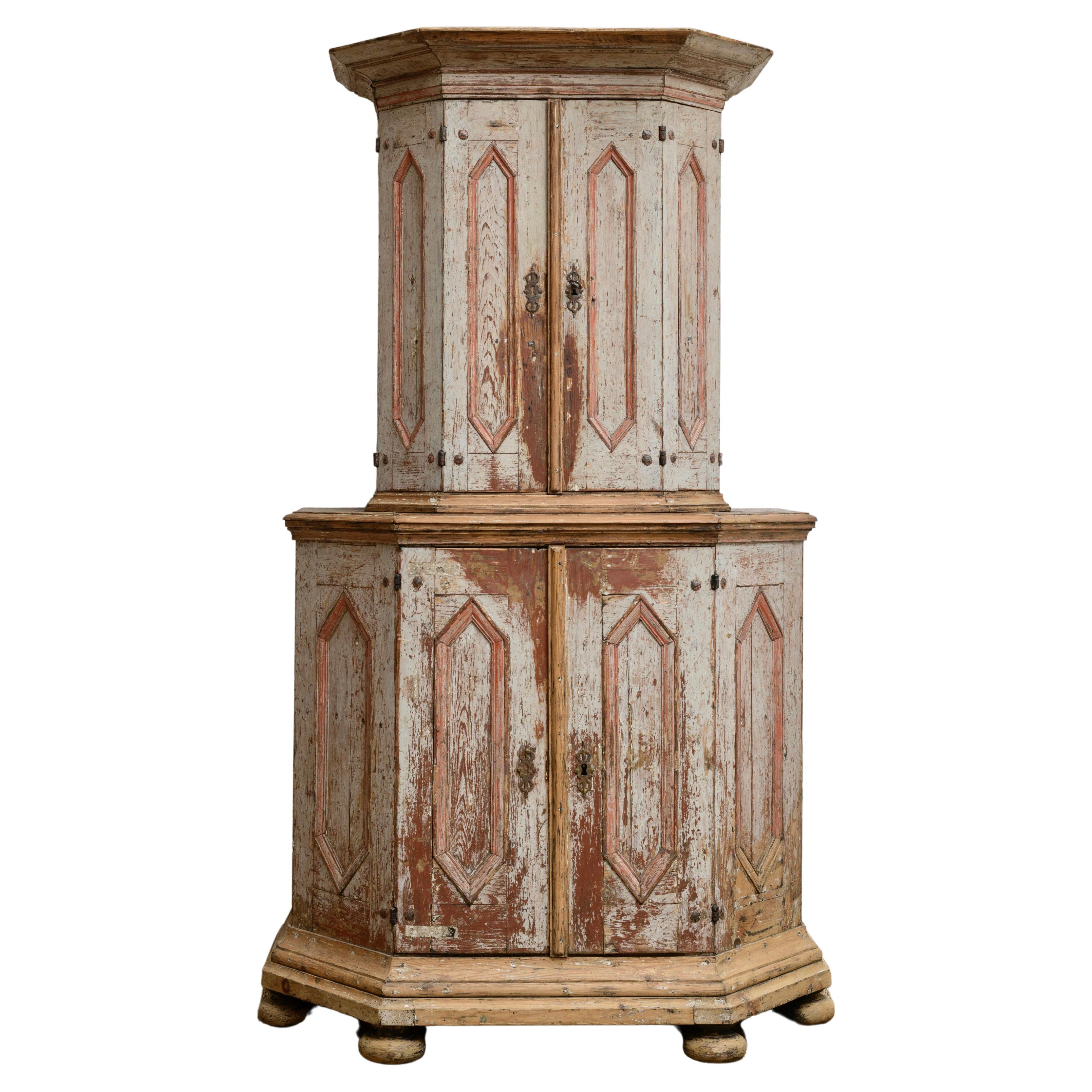 18th Century Swedish Baroque Cabinet on Cabinet.  Original Paint.   For Sale