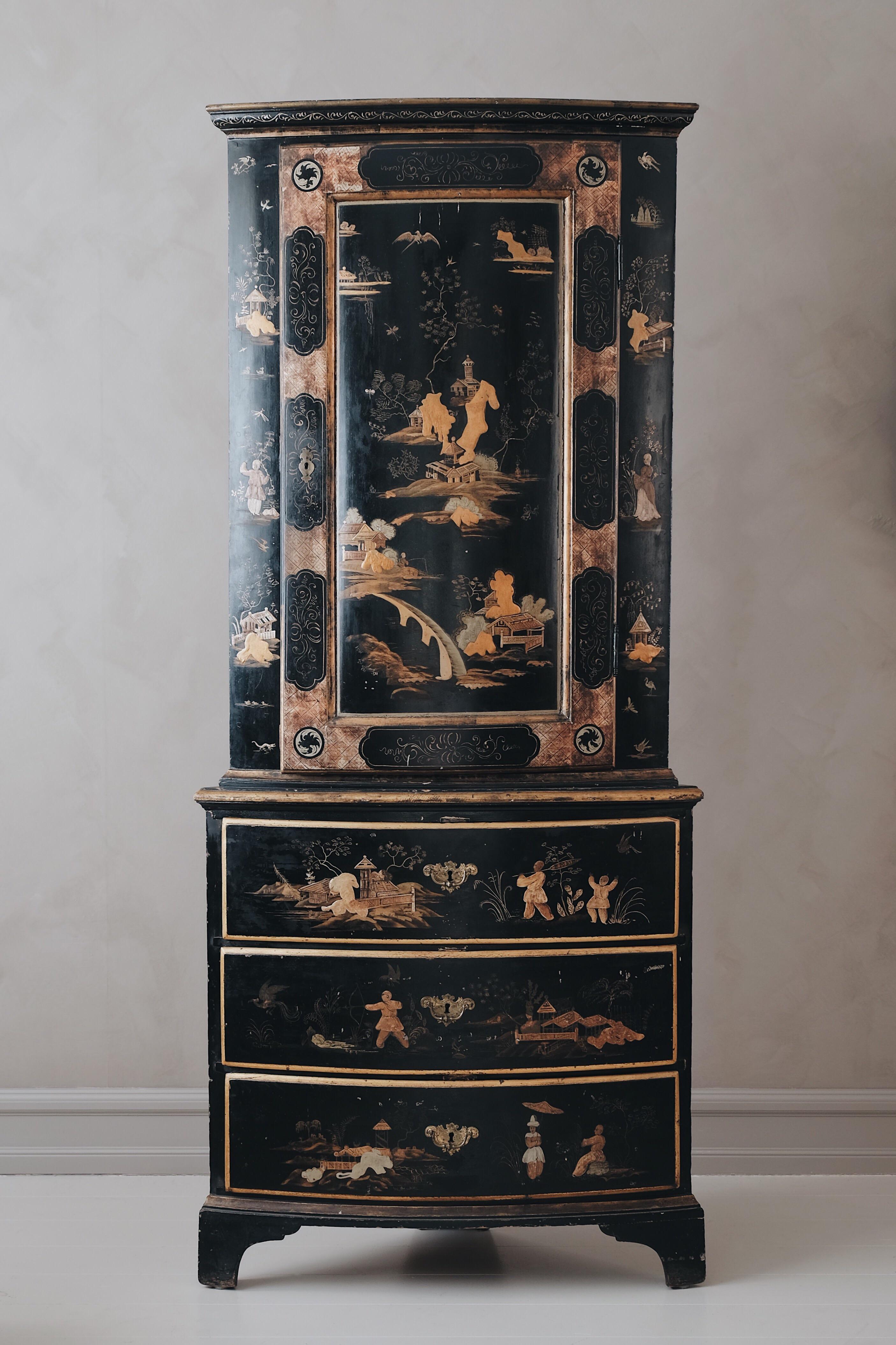 Castle Quality. This remarkable 18th-century late Baroque chinoiserie corner cabinet, ca 1750 Stockholm, holds a royal quality and dignity for over three centuries, embodying the 18th-century European dream of China with its Chinese motifs made in
