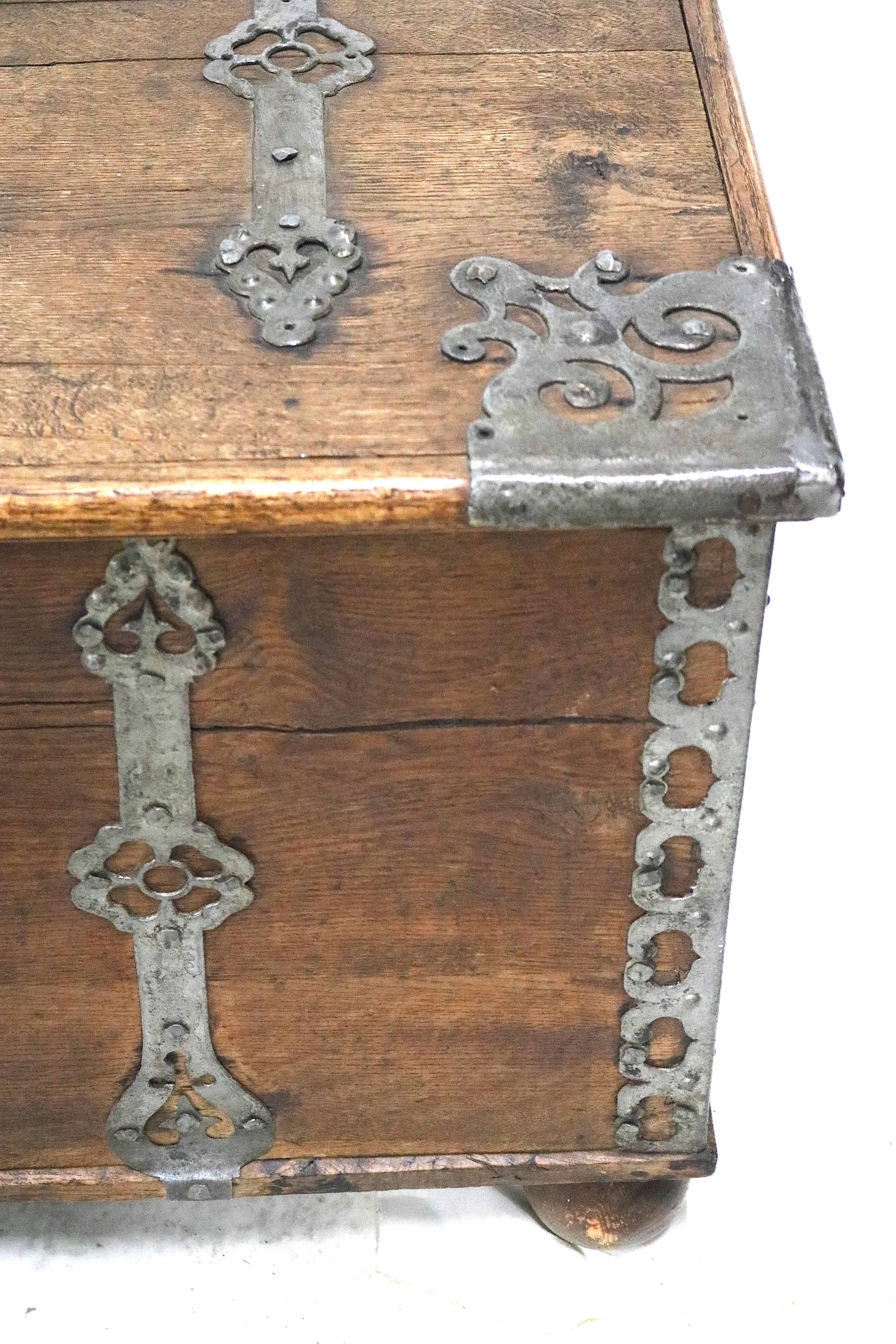 18th Century Swedish Baroque Iron Mounted Oak Trunk Treasure Chest 4