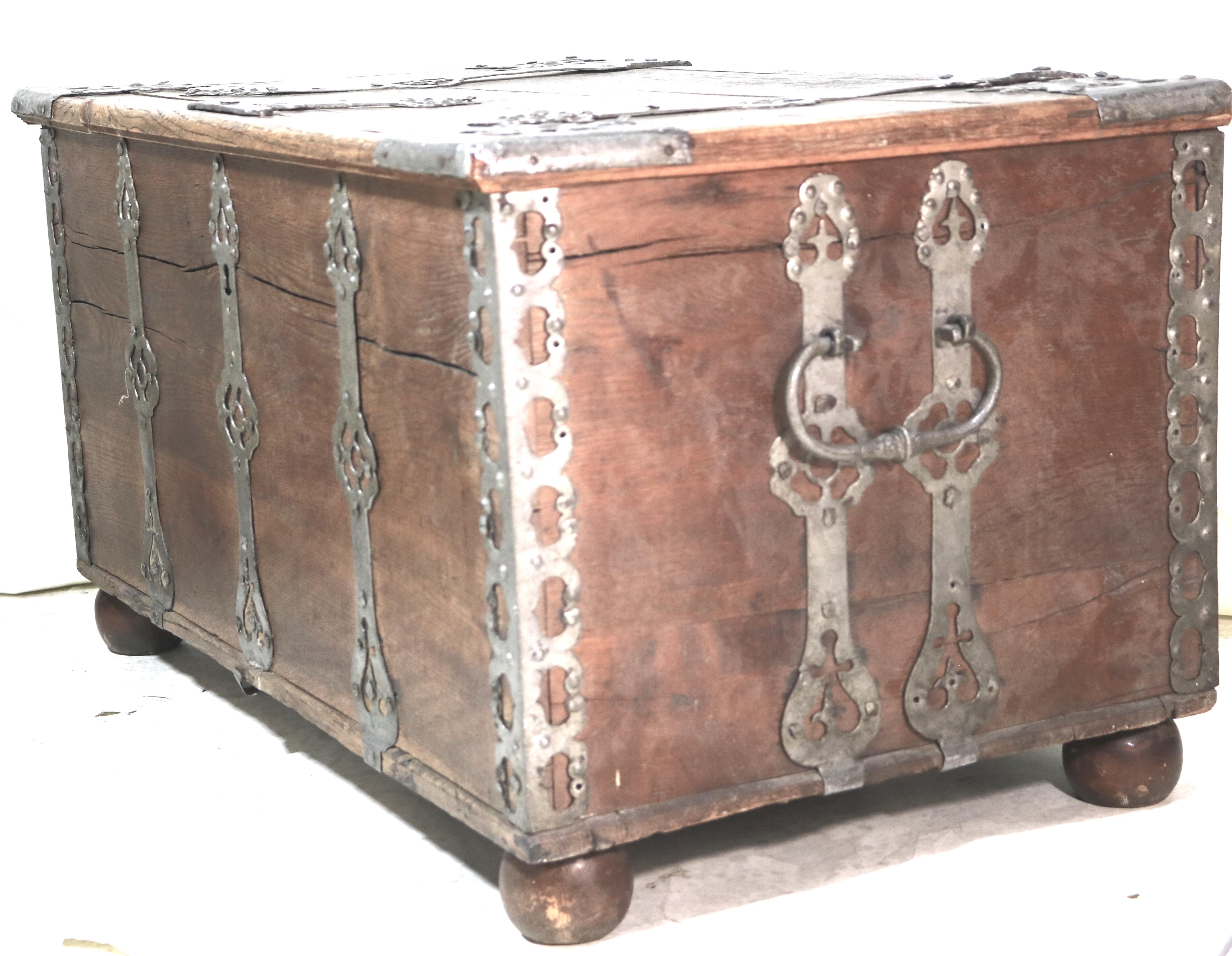 Hand-Crafted 18th Century Swedish Baroque Iron Mounted Oak Trunk Treasure Chest