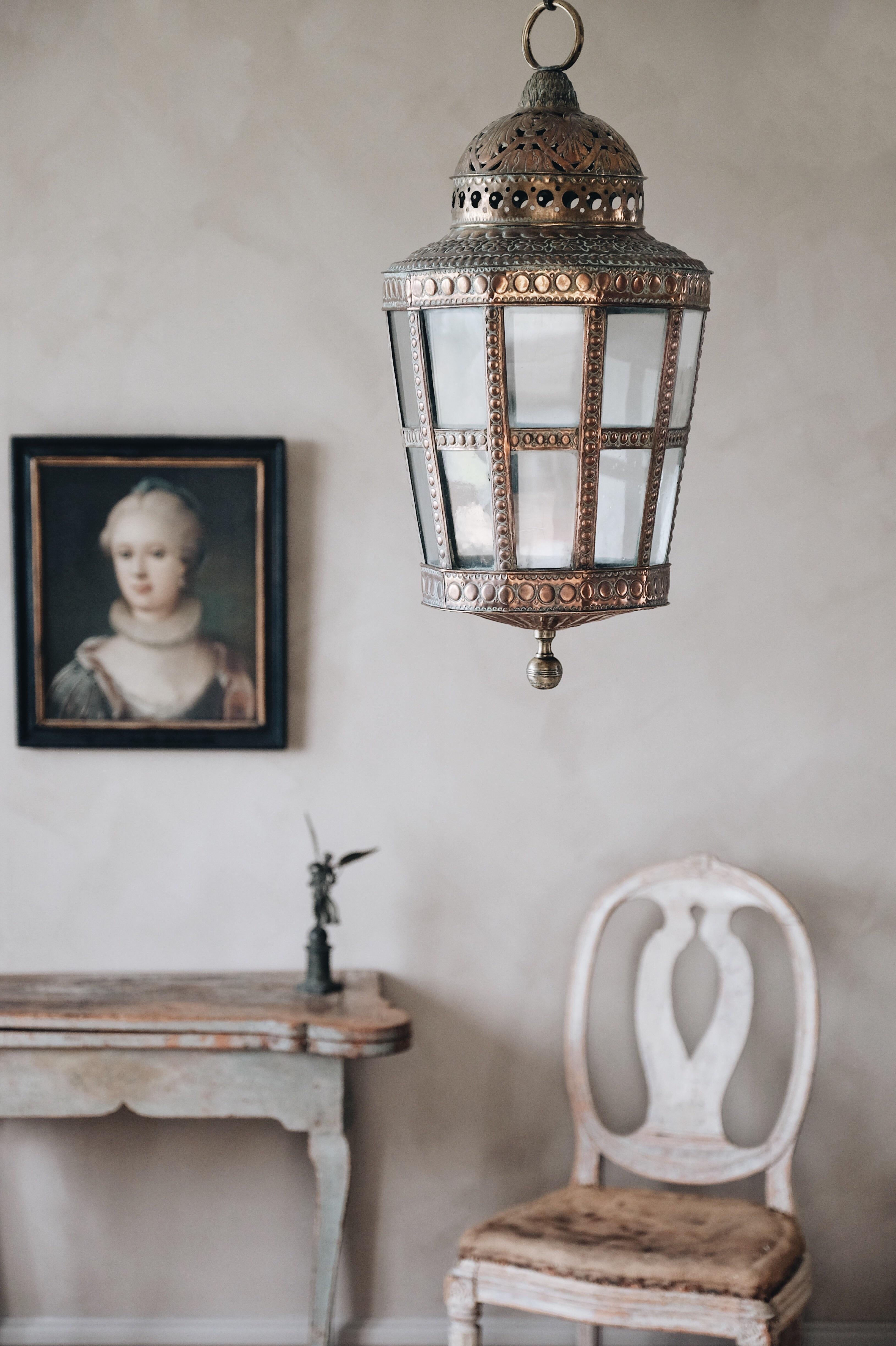 Remarkable and unusually large Swedish Baroque brass lantern from the early 18th century, circa 1720 Sweden.

Literature: Compare page 253, Sigurd Erixon, Mässing - Svenska manufakturer och konsthantverkprodukter under 400 år, 1943.