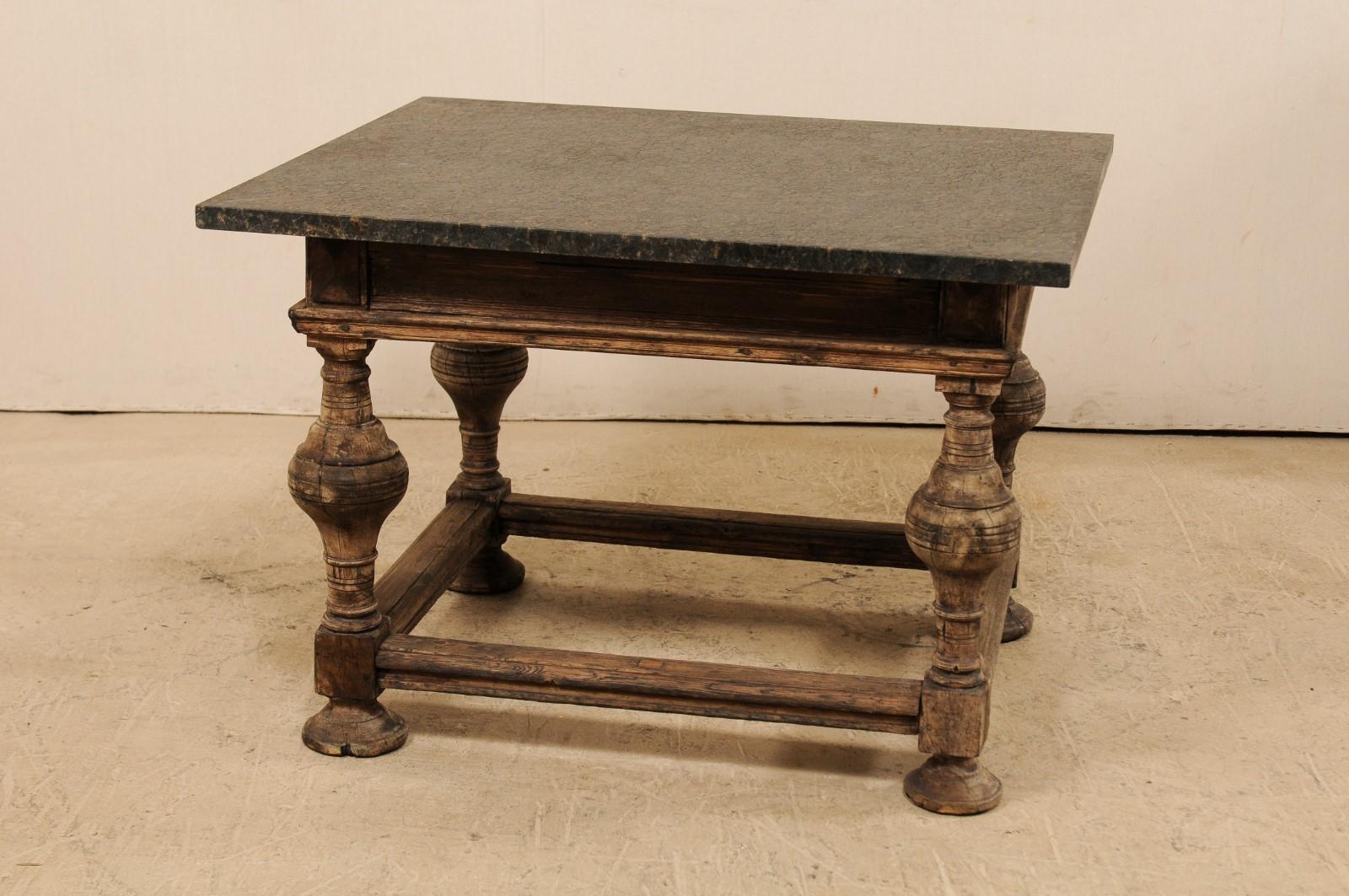 Carved 18th Century Swedish Baroque Occasional Table with New Honed Granite Top For Sale