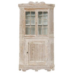 18th Century Swedish Baroque Period Corner Vitrine Cabinet in Original Paint