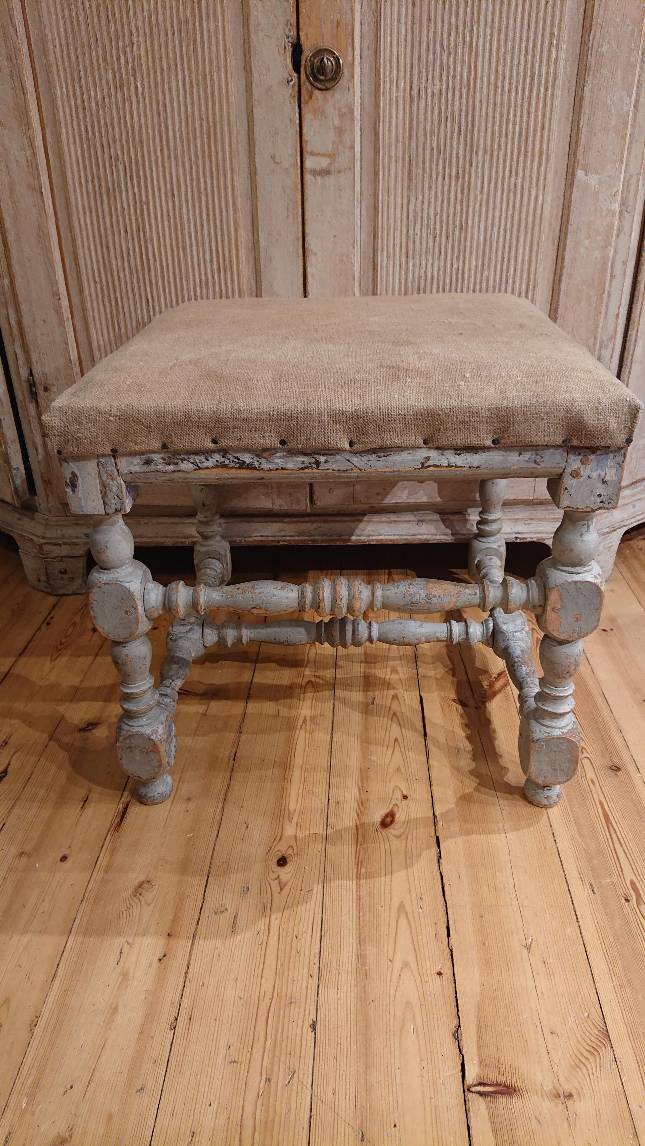18th Century Swedish Baroque Stool from Sundsvall Medelpad, Northern Sweden .
Very nice & genuine Baroque stool.
Fine turned legs.
Scraped by hand to its original paint.
Fantastic patina & beautiful color.
Solid frame & stable in