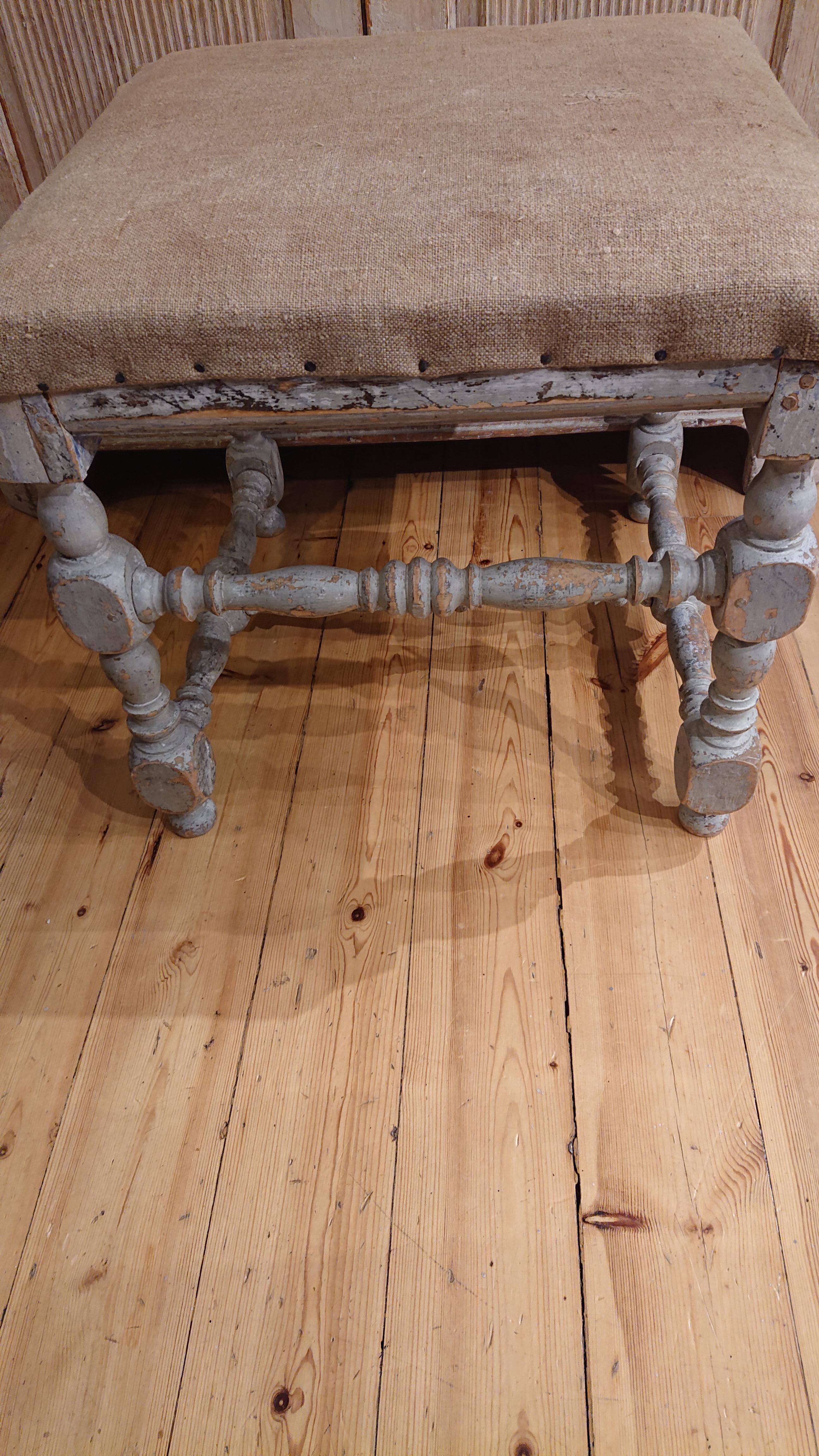 Hand-Carved 18th Century Swedish Baroque Stool with Original Paint Swedish Antiques For Sale