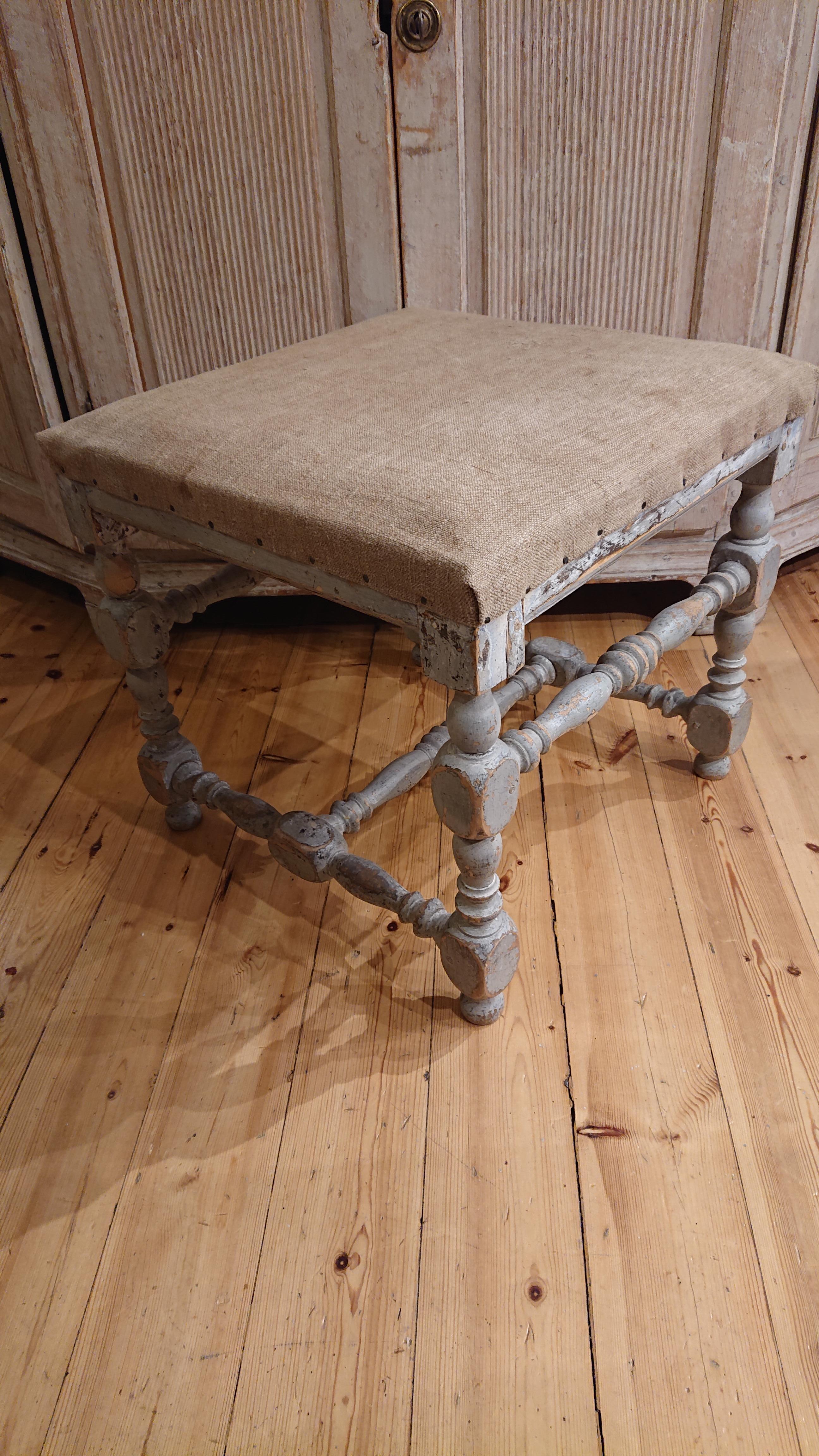 Pine 18th Century Swedish Baroque Stool with Original Paint Swedish Antiques For Sale
