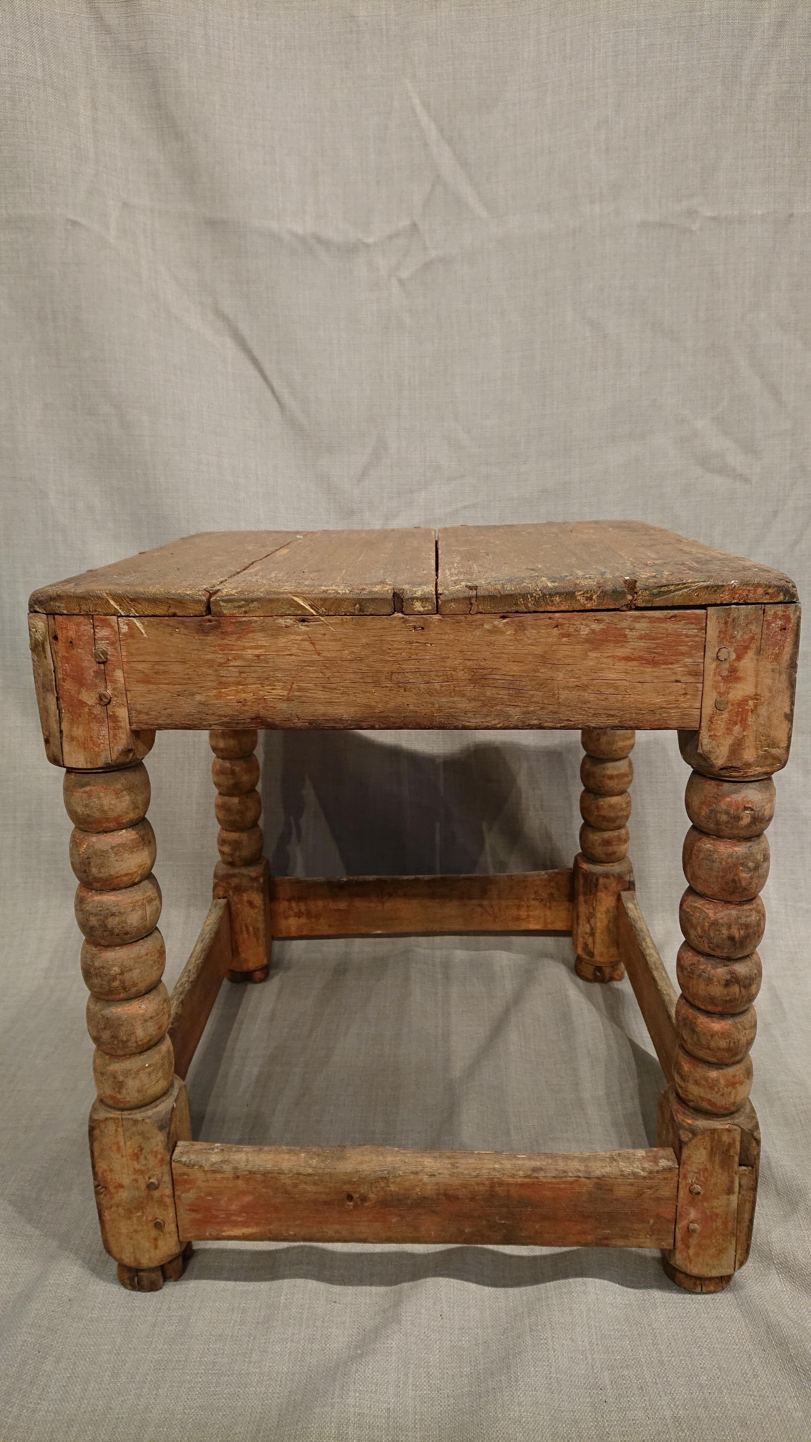 Hand-Carved 18th Century Swedish Baroque Stool with Traces of Original Paint For Sale