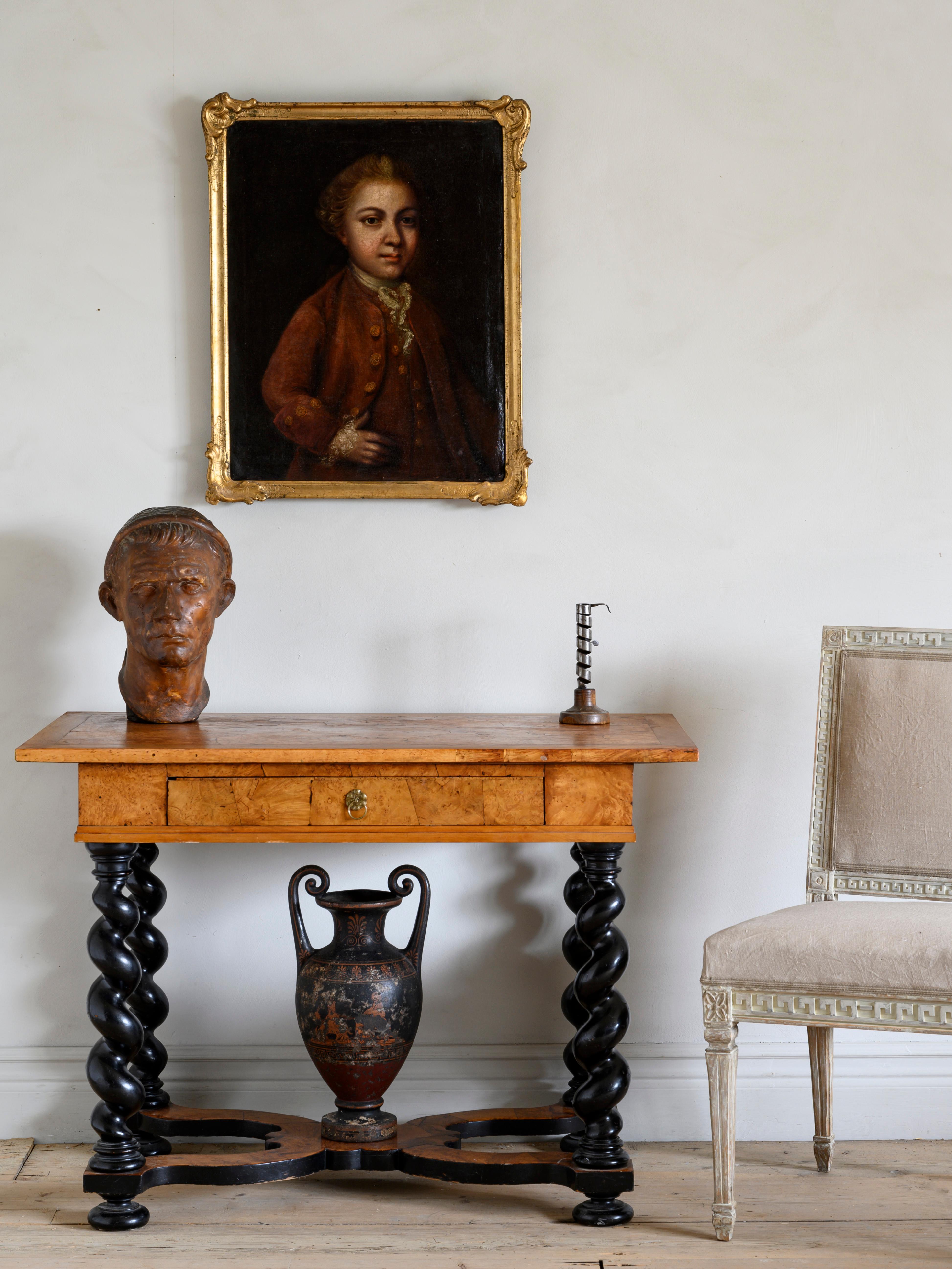 18th century Swedish Baroque console table veneered in alder-root with one drawer, circa 1740, Sweden.

Good condition, wear consistent with age and use. Waxed with good subtle patination. A detailed condition report is available on request.