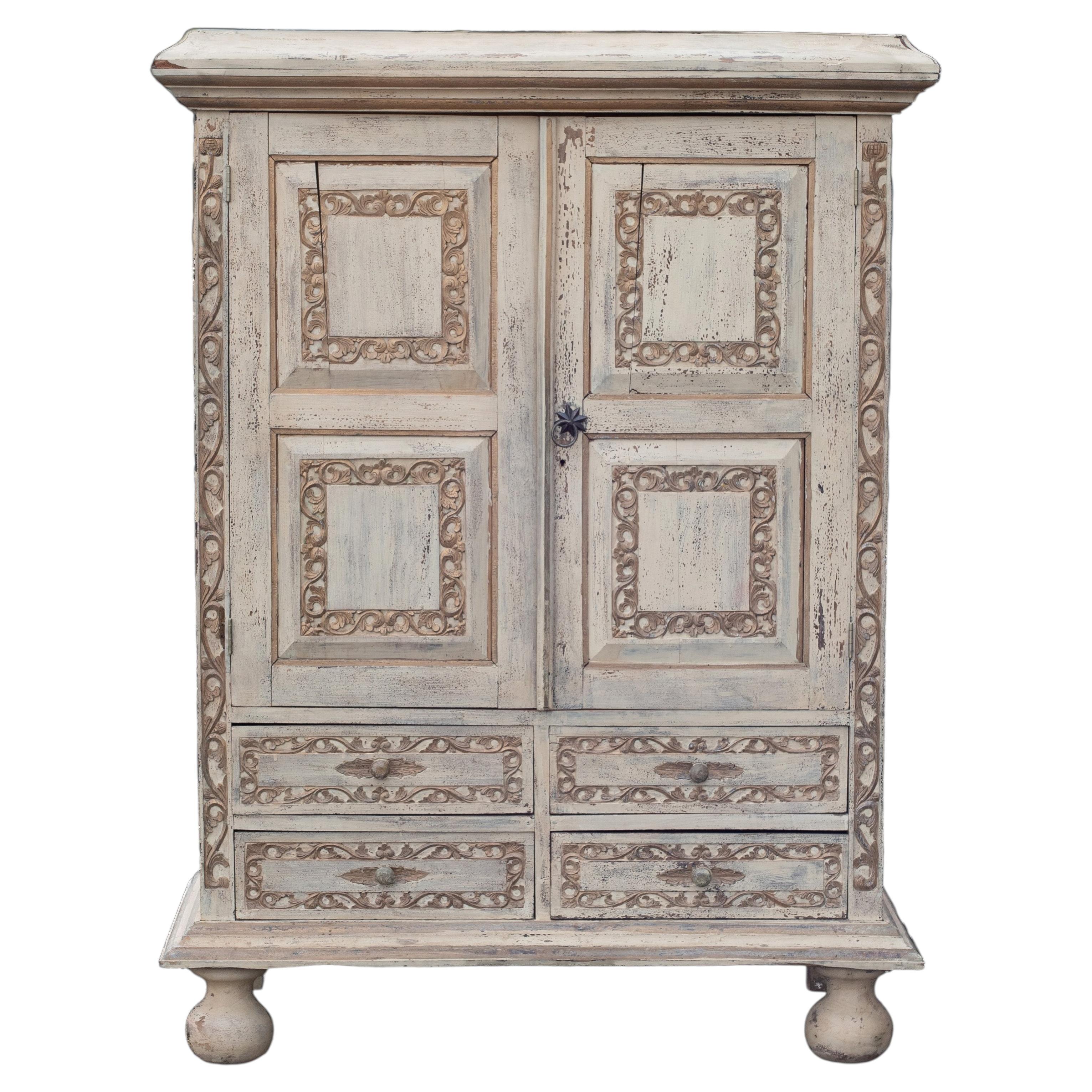 18th Century Swedish Baroque White Painted Hand Carved Cabinet For Sale