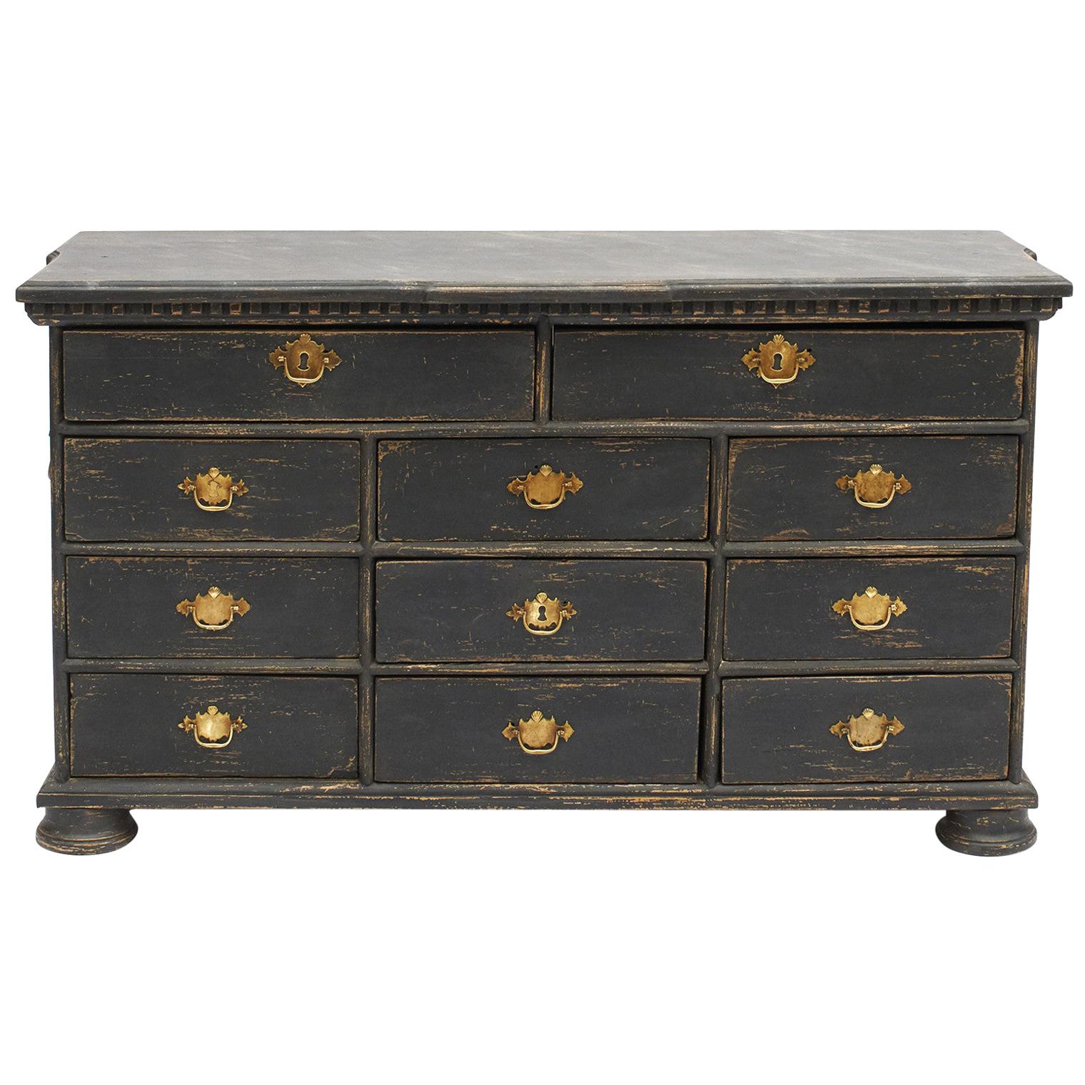 18th Century Swedish Black-Painted Baroque Chest of Drawers