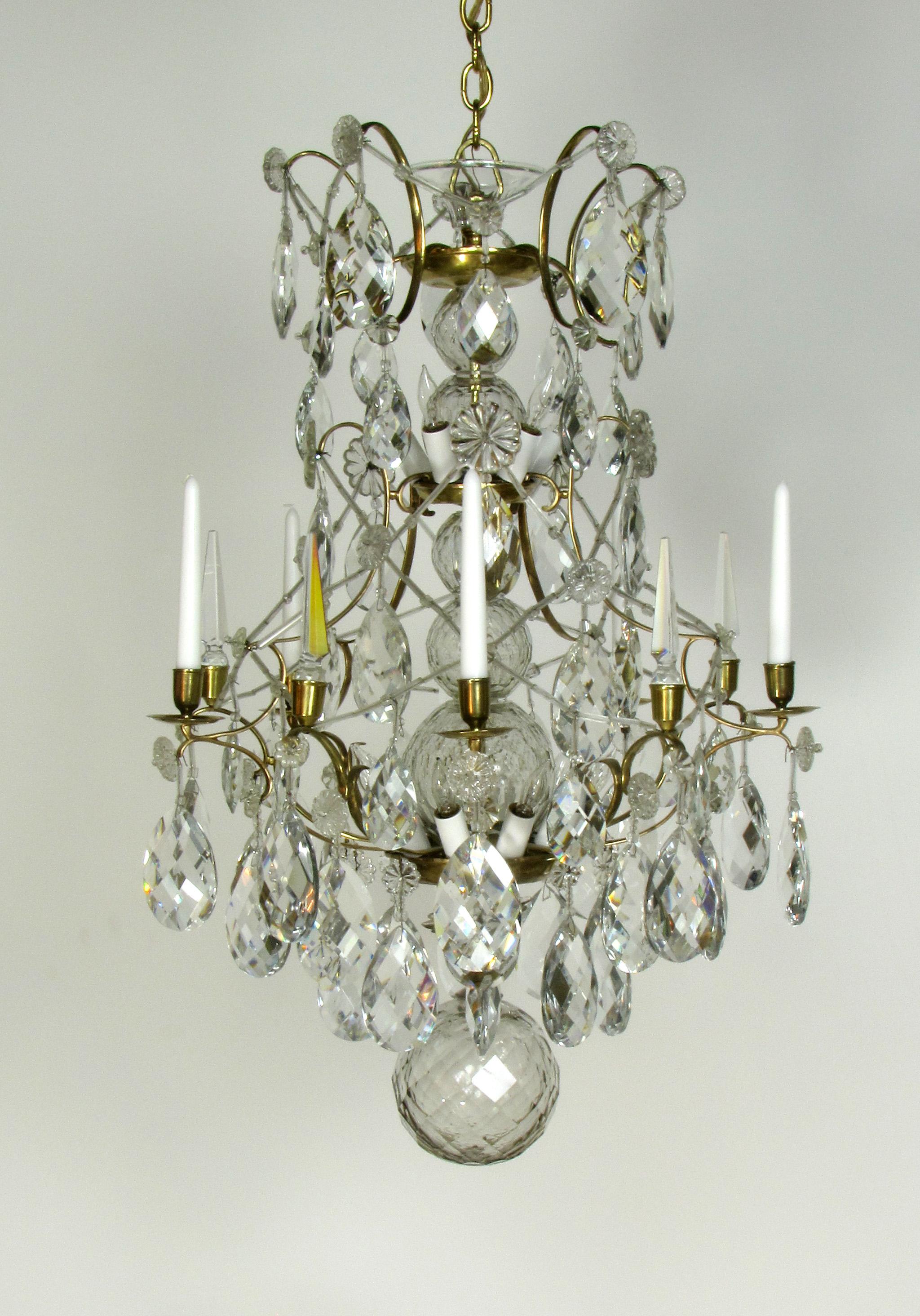 Baroque 18th Century Swedish Brass and Crystal Chandelier For Sale