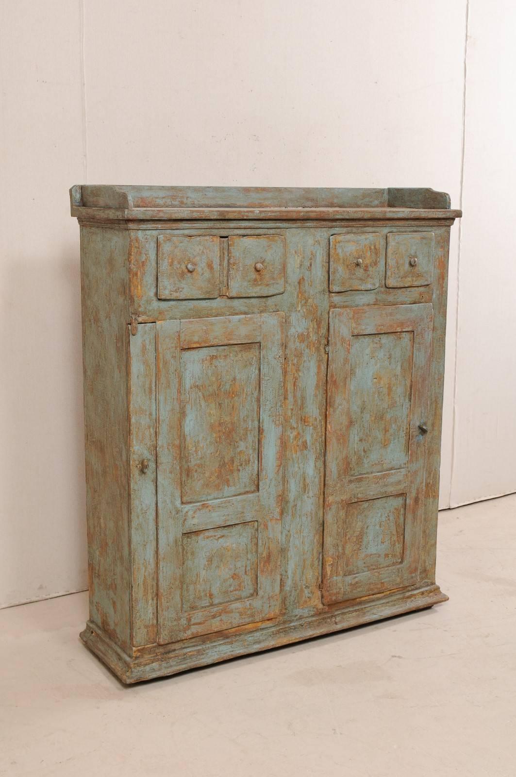 Carved 18th Century Swedish Cabinet with Lovely Scraped Blue Finish